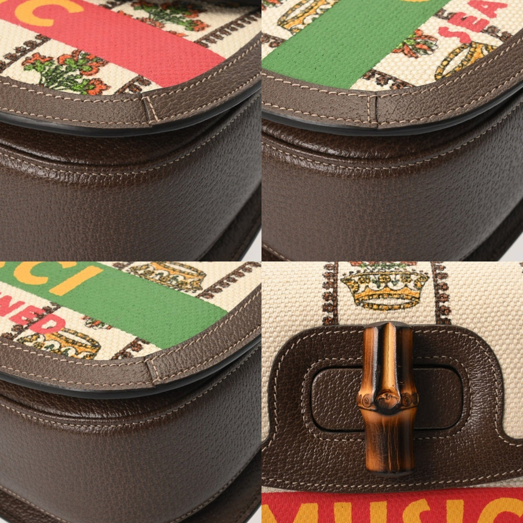 Gucci Beige Green Canvas Leather Handbag (Pre-Owned)