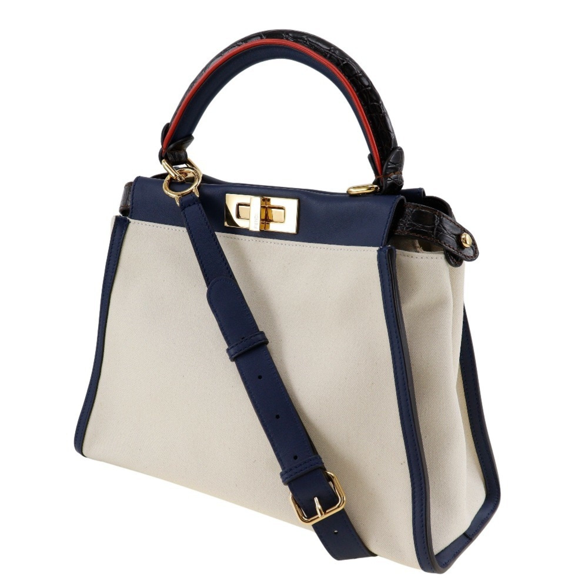 Fendi Navy White Canvas Leather Handbag (Pre-Owned)