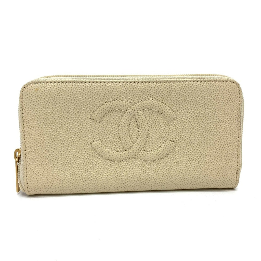 Chanel Beige Leather Long Wallet (Bi-Fold) (Pre-Owned)