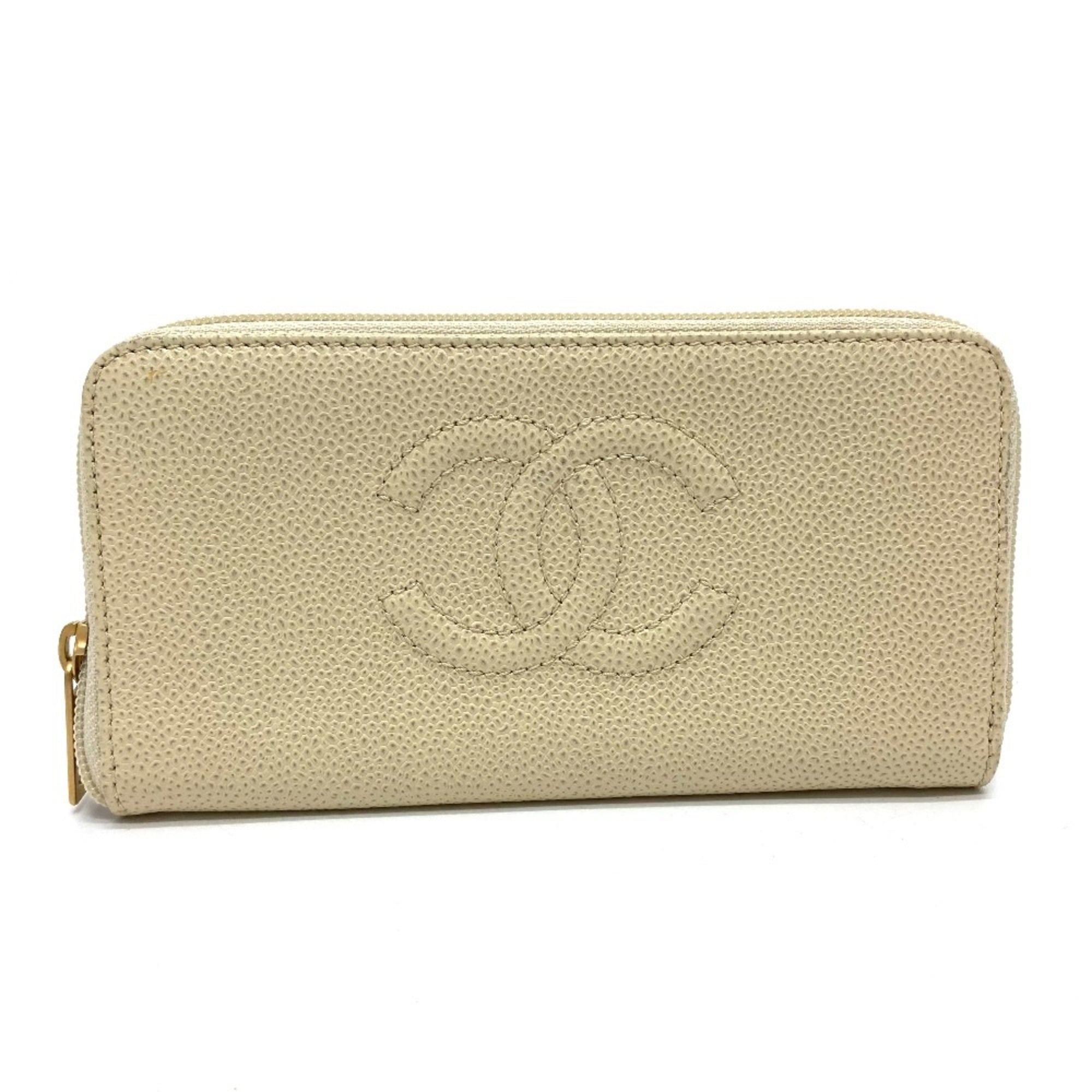 Chanel Beige Leather Long Wallet (Bi-Fold) (Pre-Owned)