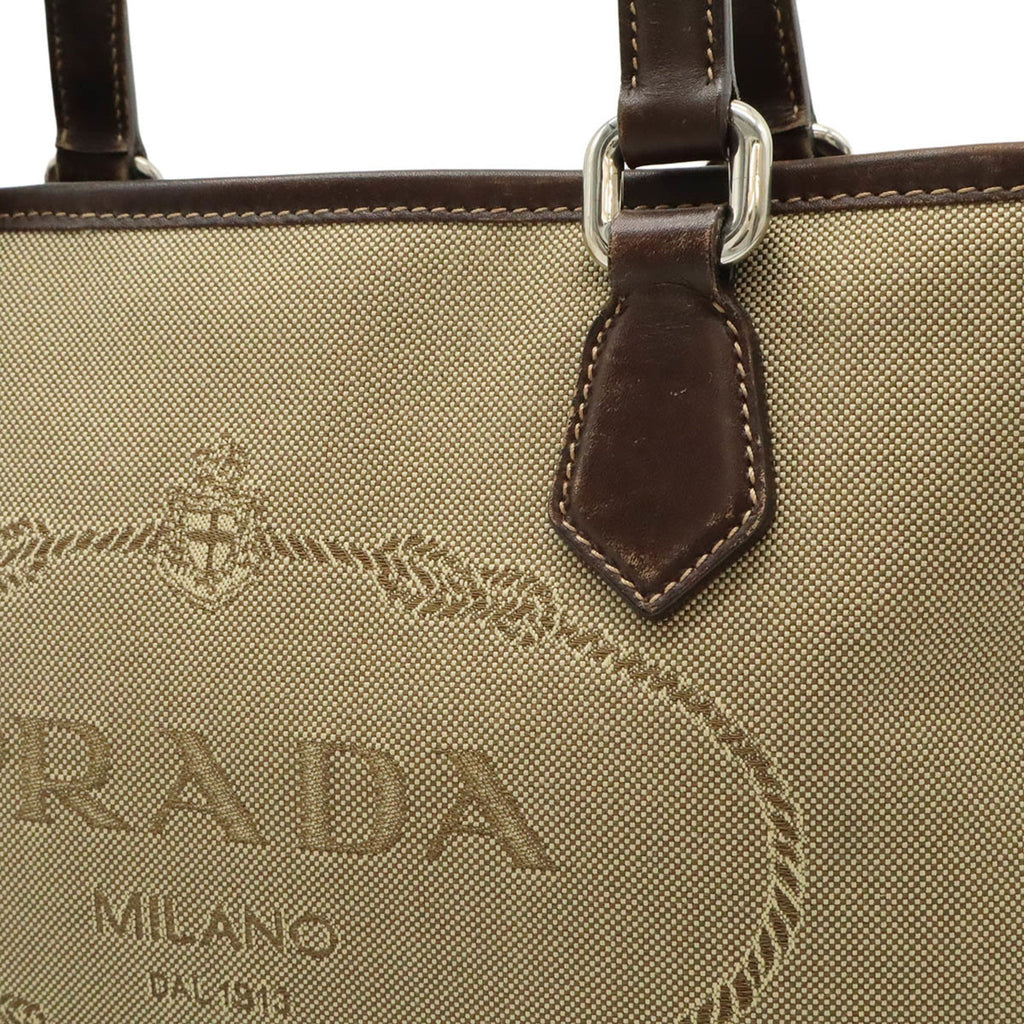 Prada Beige Dark Brown Khaki Canvas Leather Handbag Shoulder Bag (Pre-Owned)