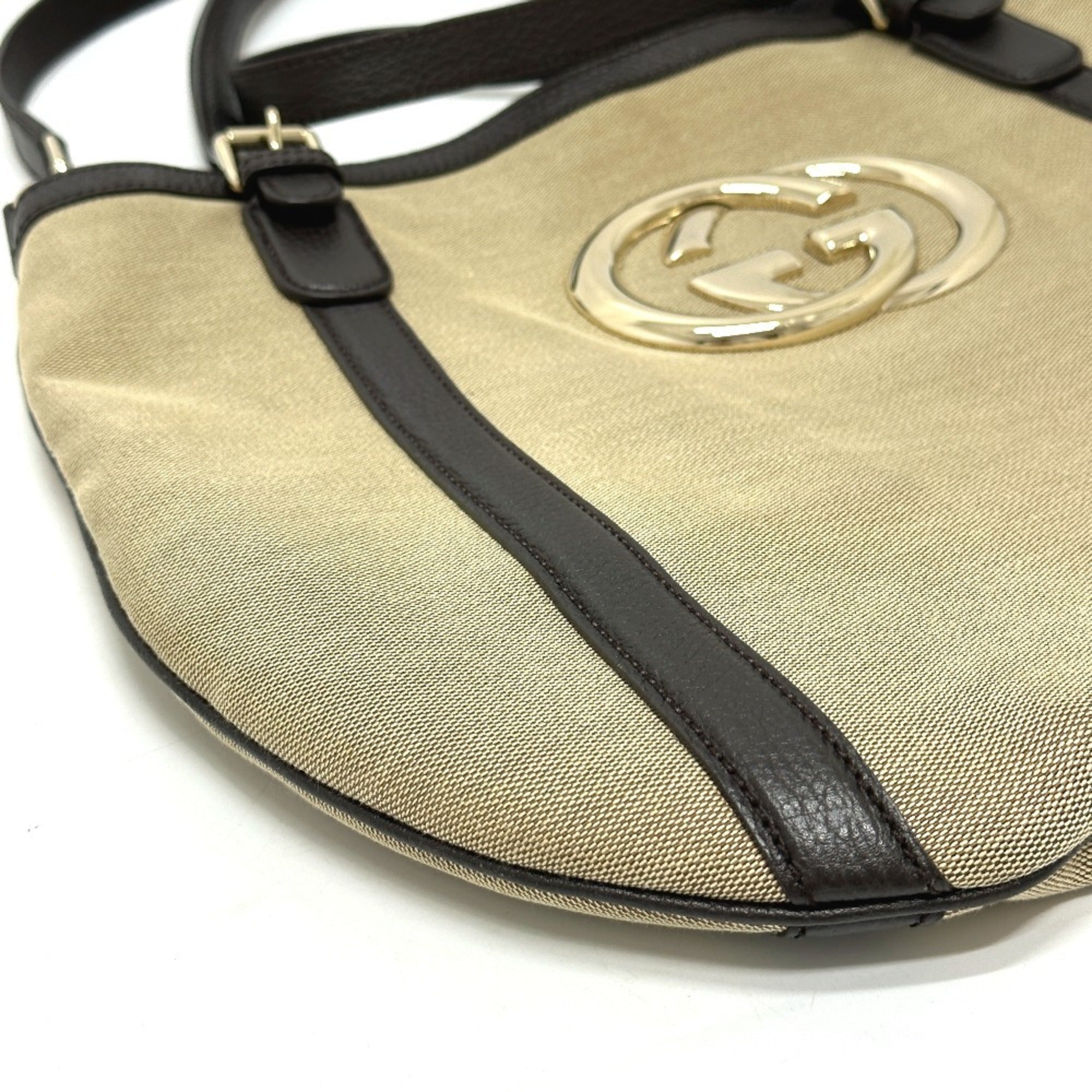 Gucci Beige Canvas Leather Shoulder Bag Tote Bag (Pre-Owned)