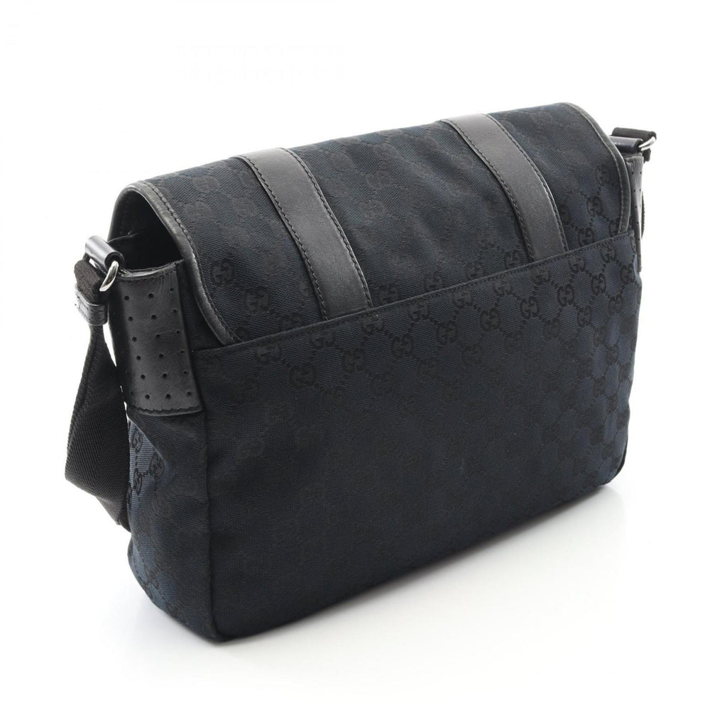 Gucci Black Navy Canvas Leather Shoulder Bag (Pre-Owned)