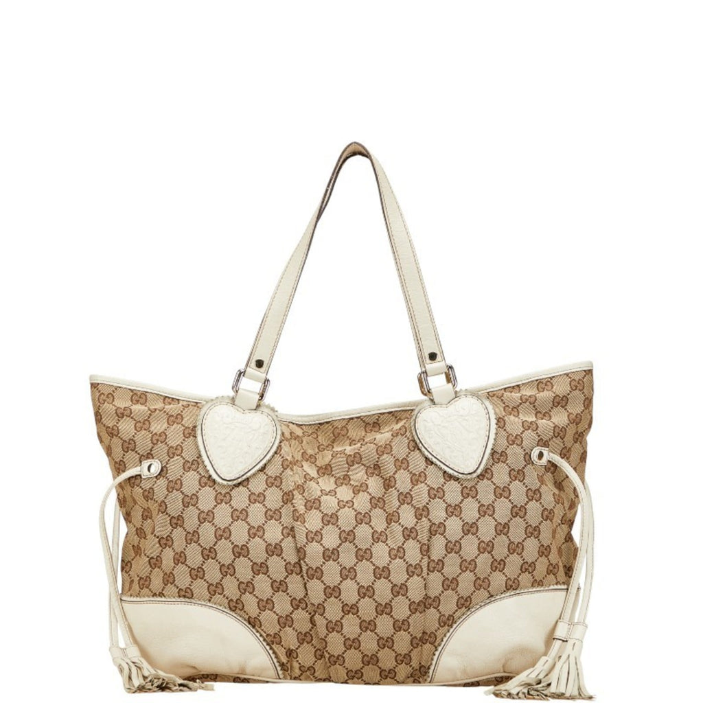 Gucci Gg Canvas Beige White Gg Canvas Leather Shoulder Bag Tote Bag (Pre-Owned)