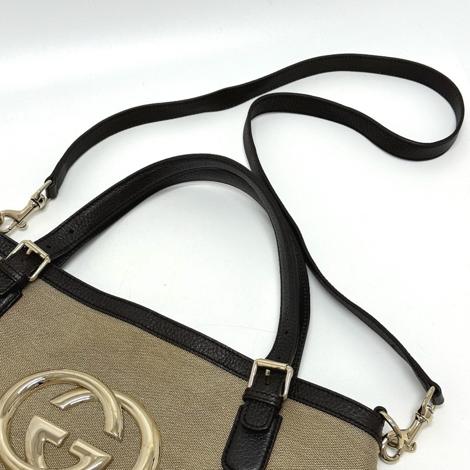 Gucci Beige Canvas Leather Shoulder Bag Tote Bag (Pre-Owned)