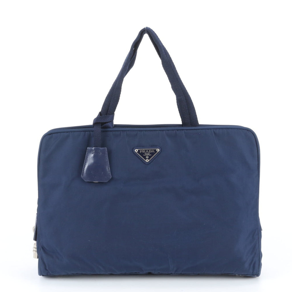 Prada Blue Nylon Leather Briefcase Handbag Tote Bag (Pre-Owned)