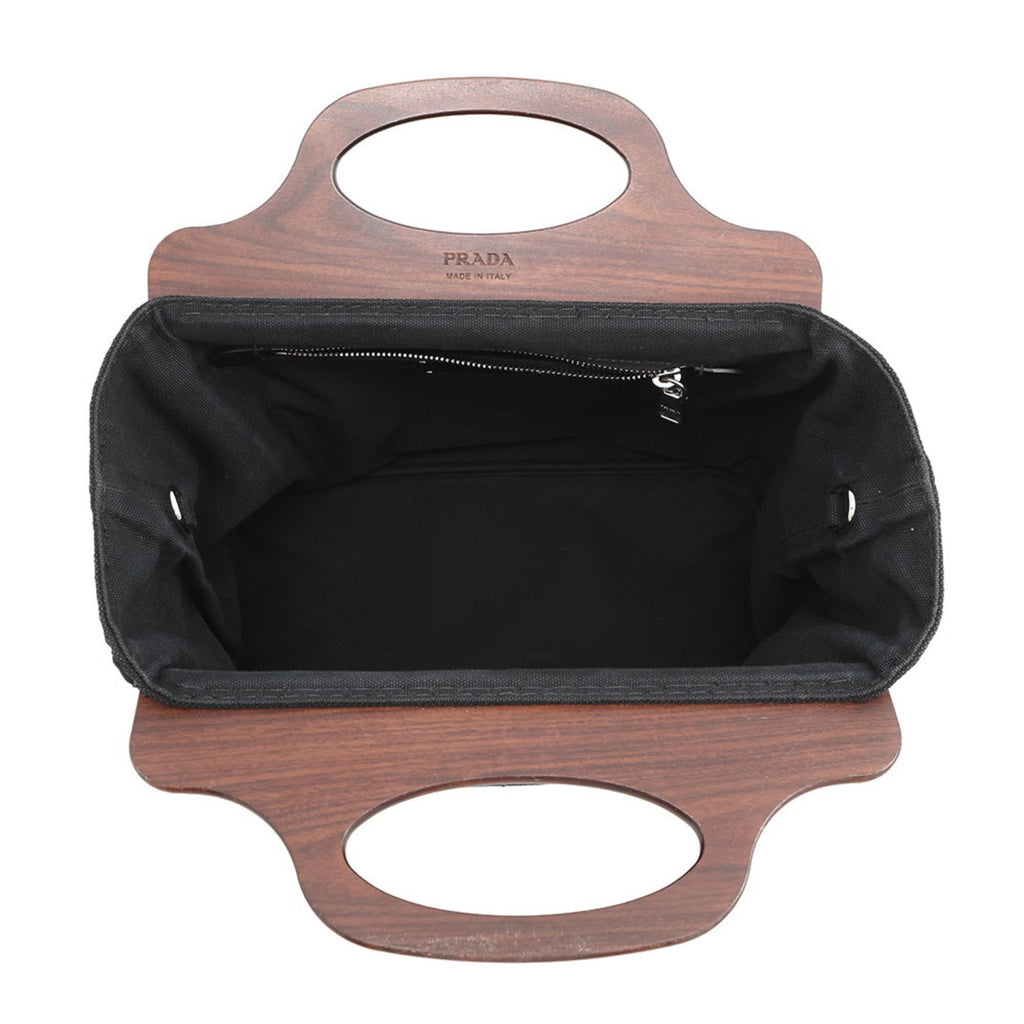 Prada Canapa Black Canvas Wood Handbag Shoulder Bag (Pre-Owned)