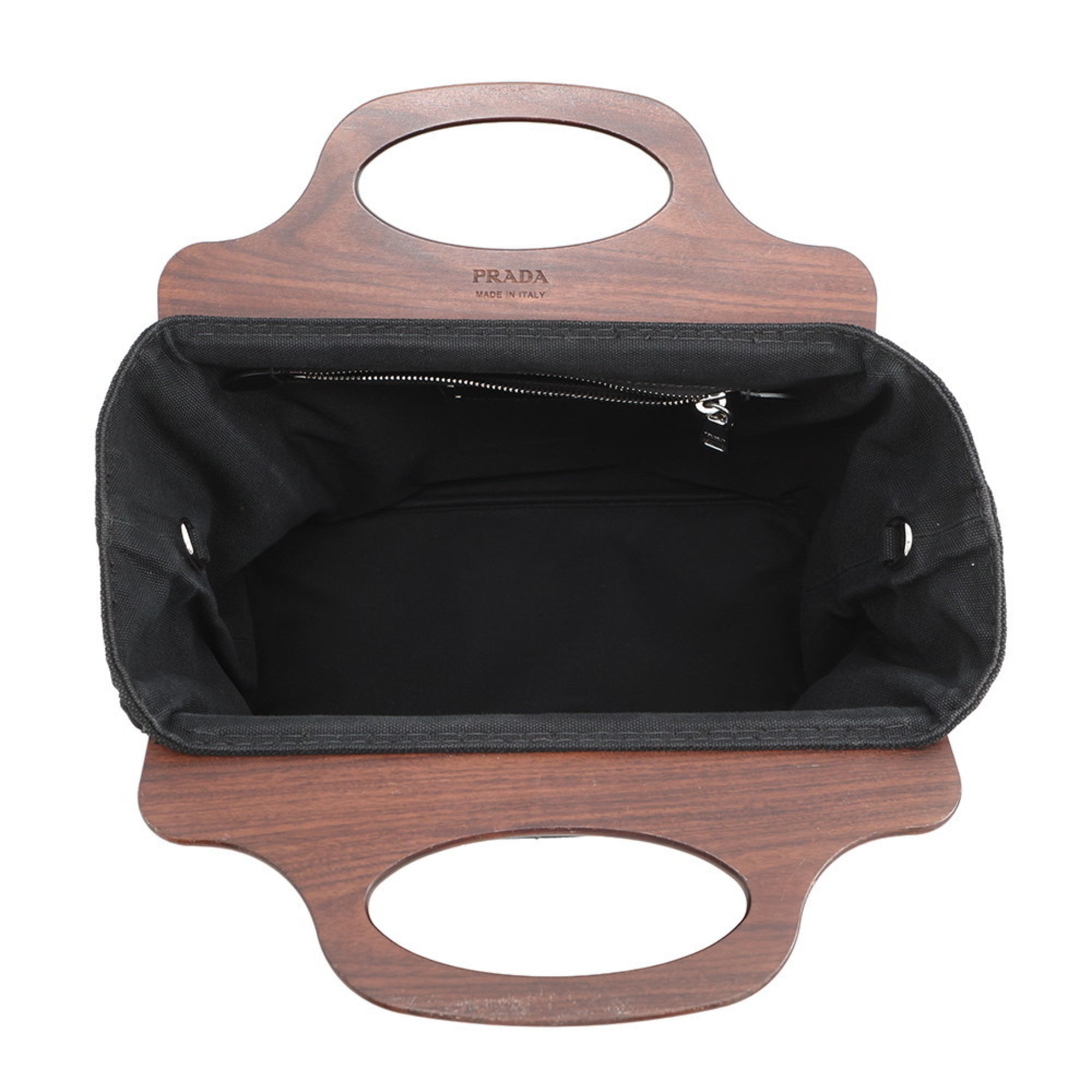 Prada Canapa Black Canvas Wood Handbag Shoulder Bag (Pre-Owned)