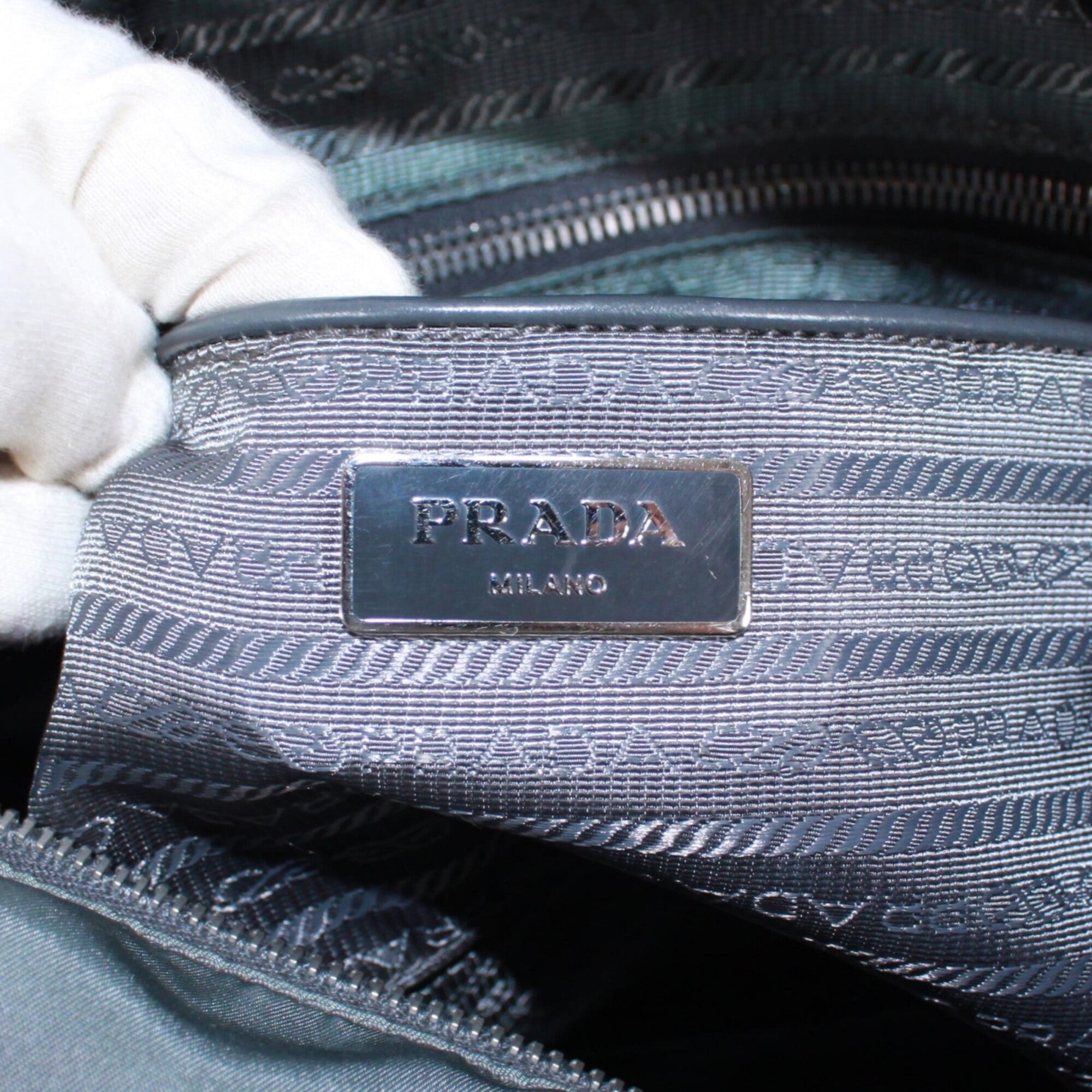 Prada Gray Khaki Nylon Leather Tote Bag (Pre-Owned)