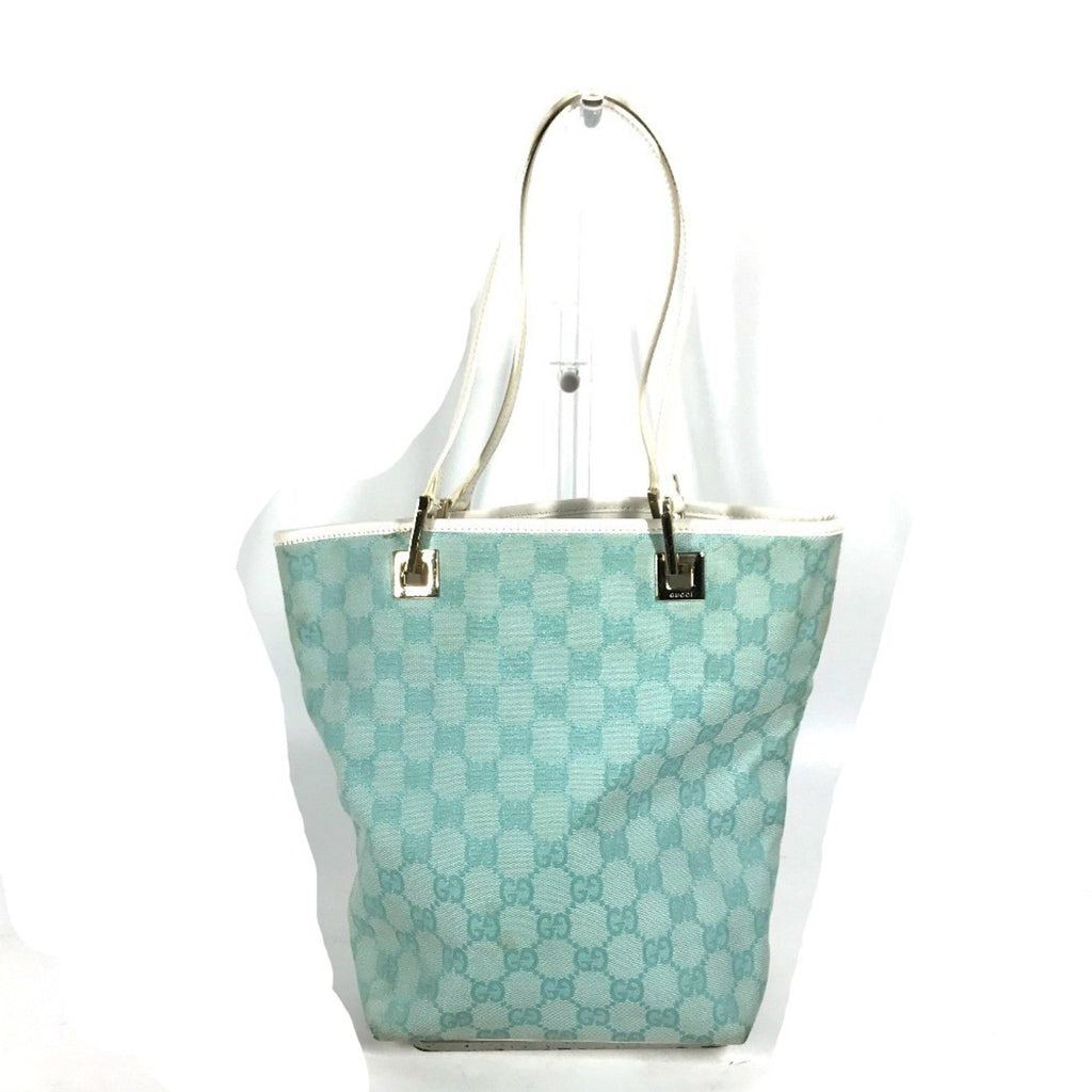Gucci Blue White Canvas Leather Shoulder Bag Tote Bag (Pre-Owned)