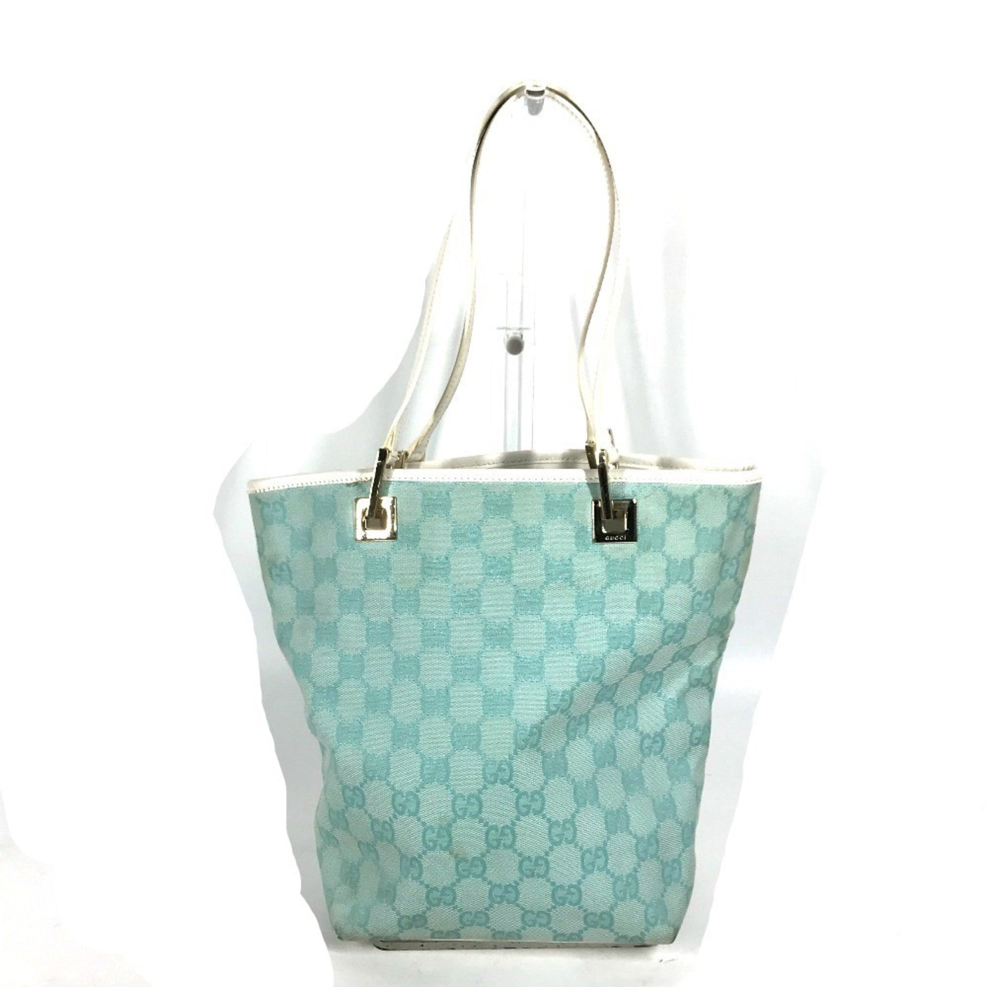 Gucci Blue White Canvas Leather Shoulder Bag Tote Bag (Pre-Owned)