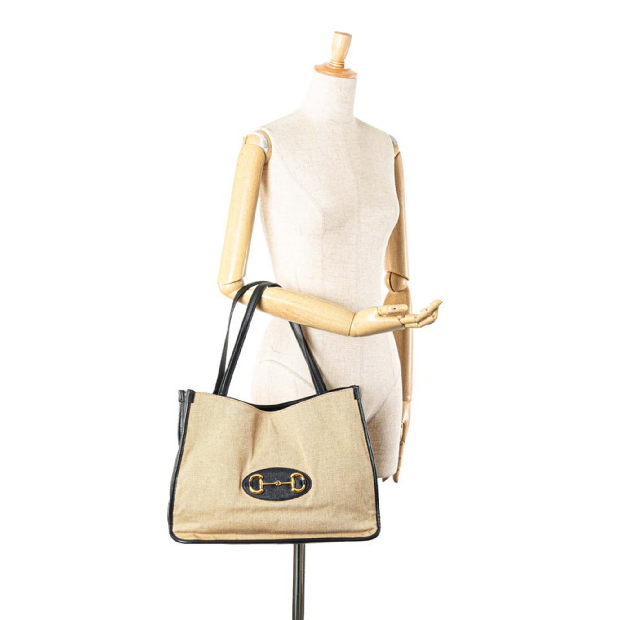 Gucci Beige Navy Canvas Leather Shoulder Bag Tote Bag (Pre-Owned)