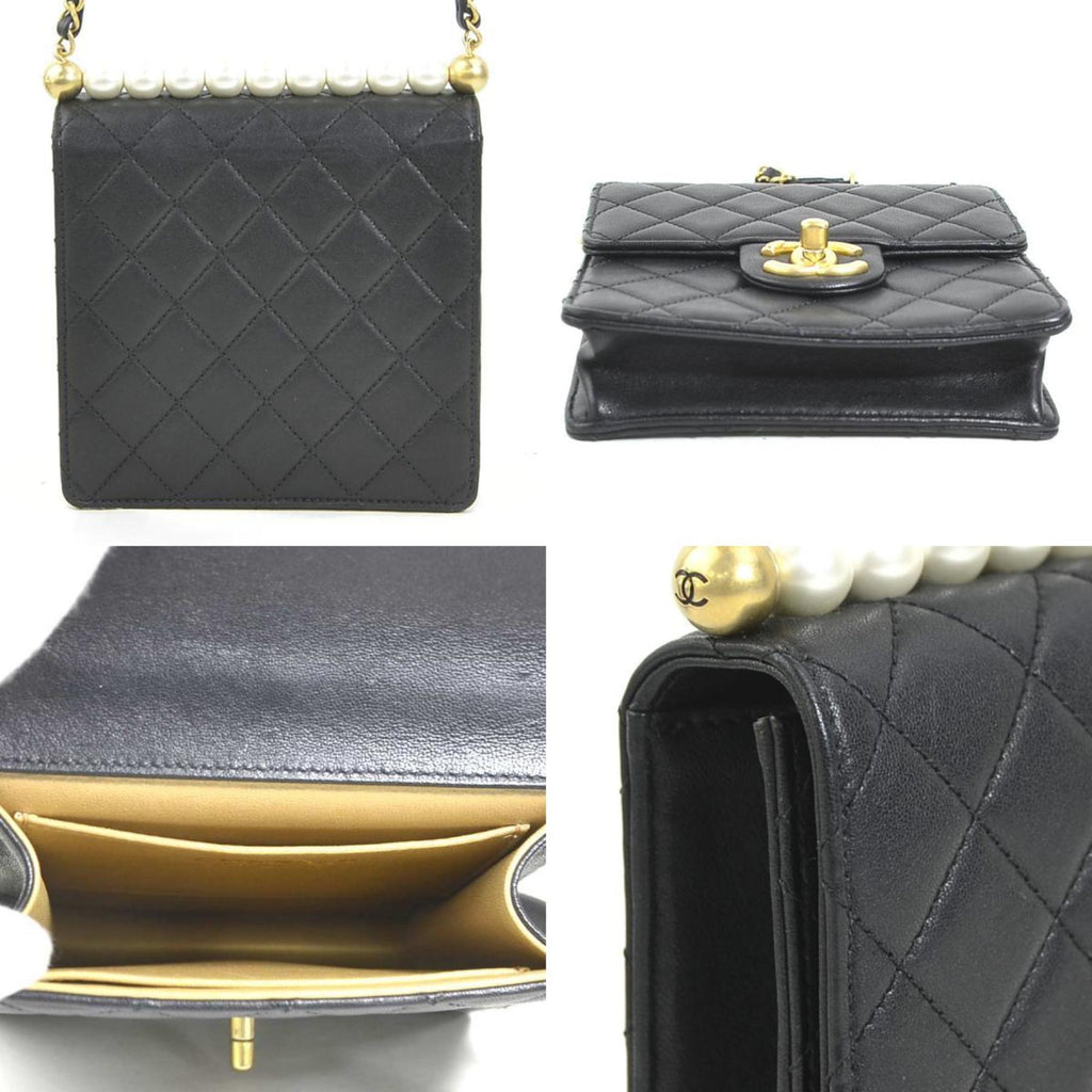 Chanel Black Off-White Leather Artificial Pearl Shoulder Bag (Pre-Owned)