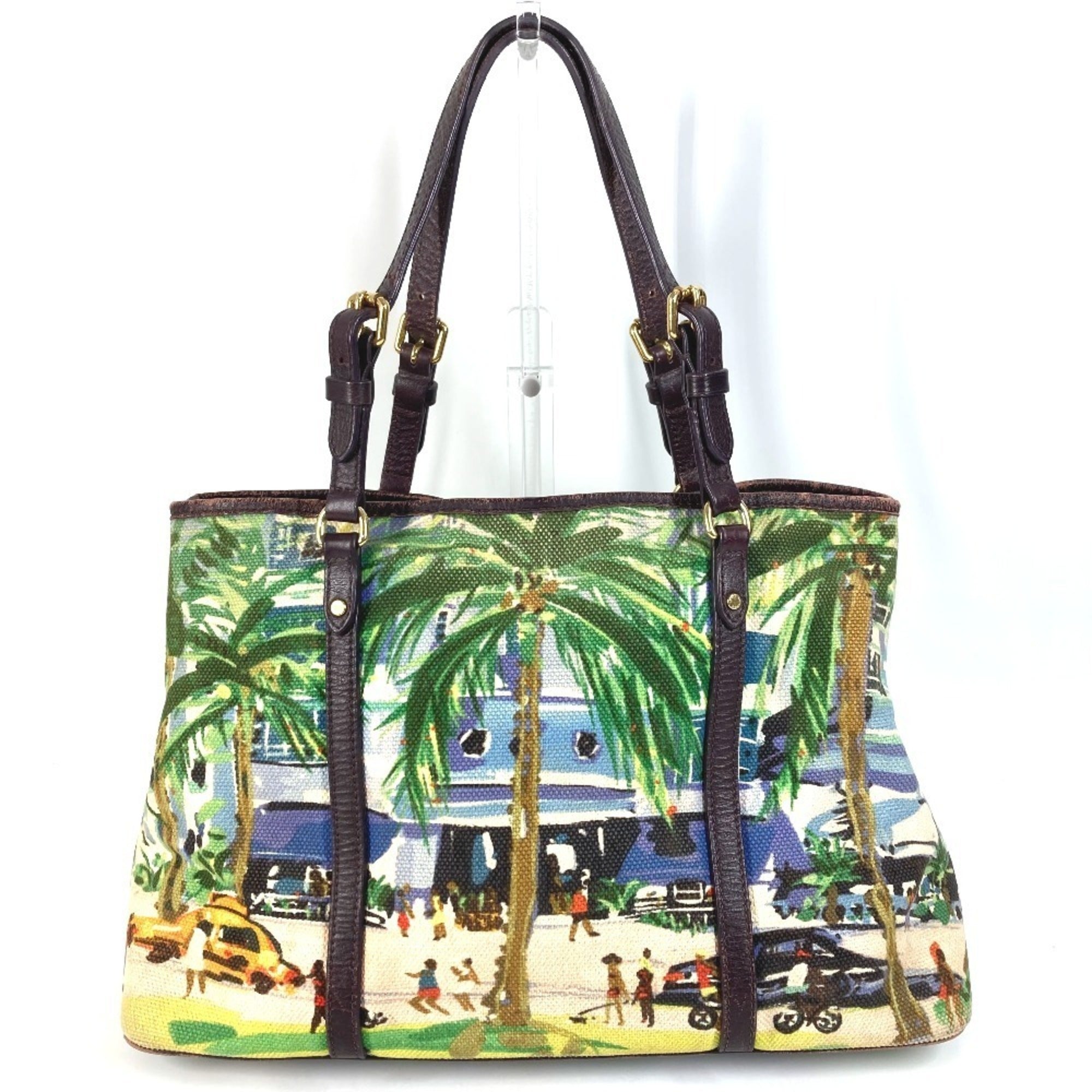 Louis Vuitton Green Leather Canvas Shoulder Bag Tote Bag (Pre-Owned)
