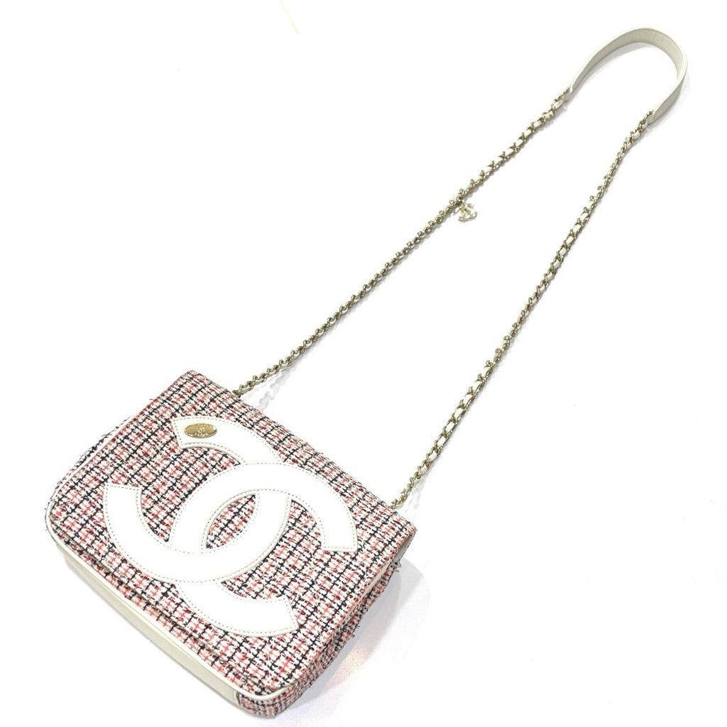 Chanel Red Color White Tweed Leather Pochette Shoulder Bag (Pre-Owned)