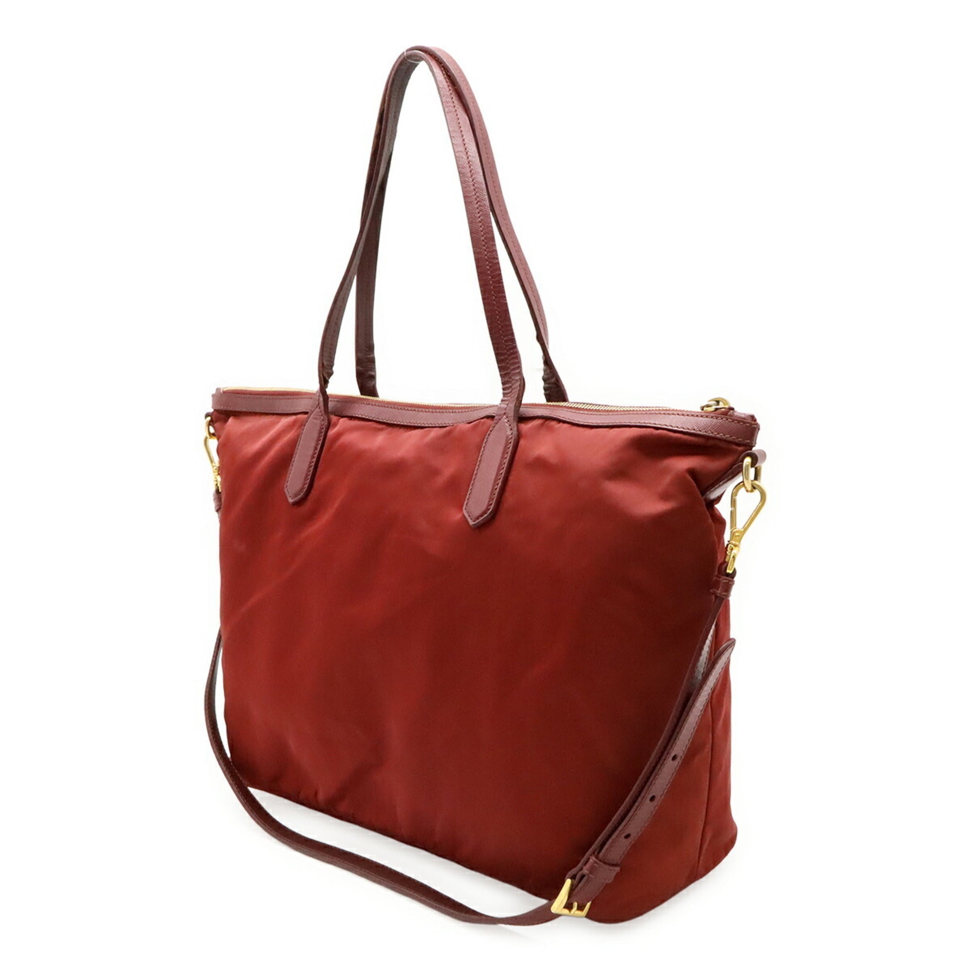 Prada Red Color Wine Nylon Leather Shoulder Bag Tote Bag (Pre-Owned)
