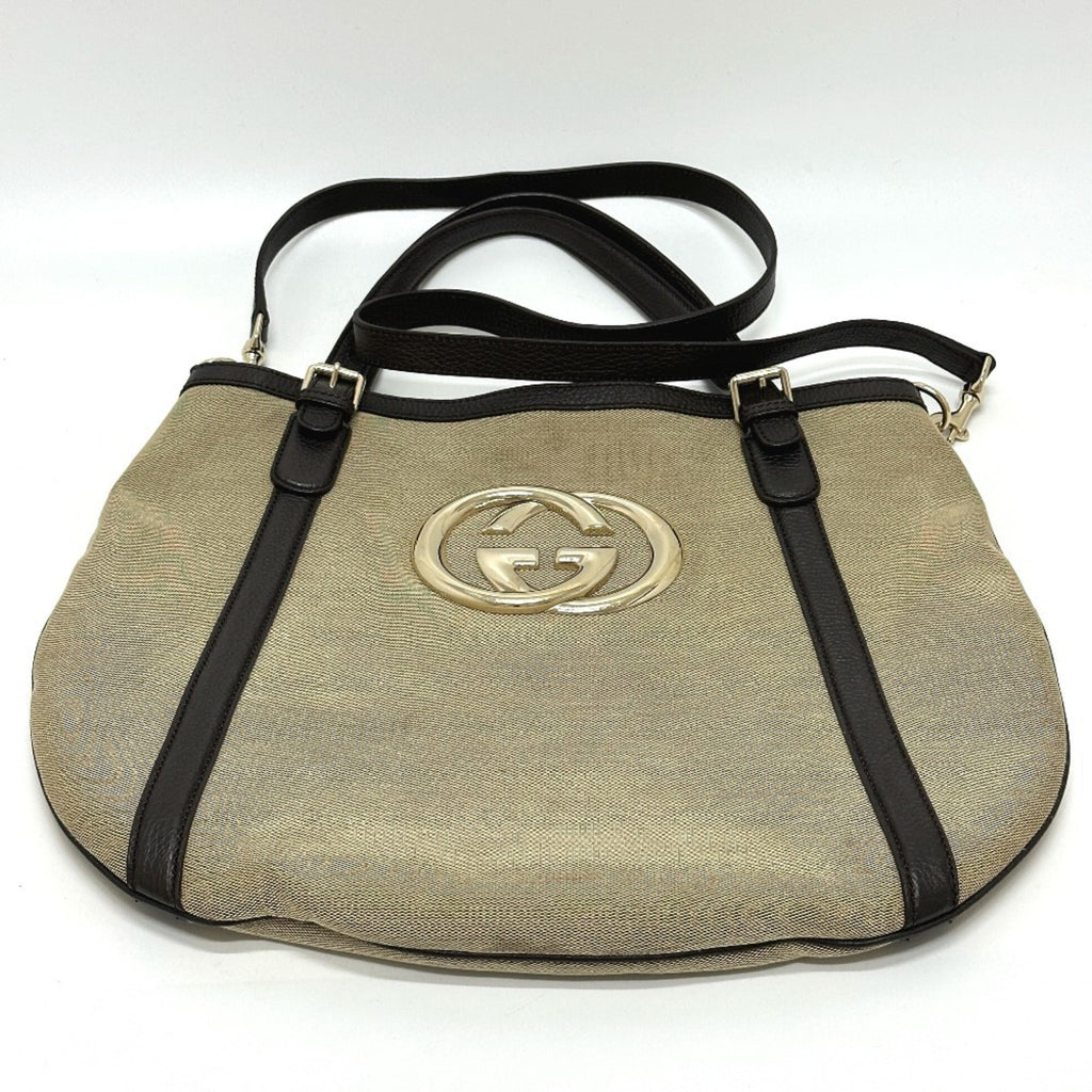 Gucci Beige Canvas Leather Shoulder Bag Tote Bag (Pre-Owned)