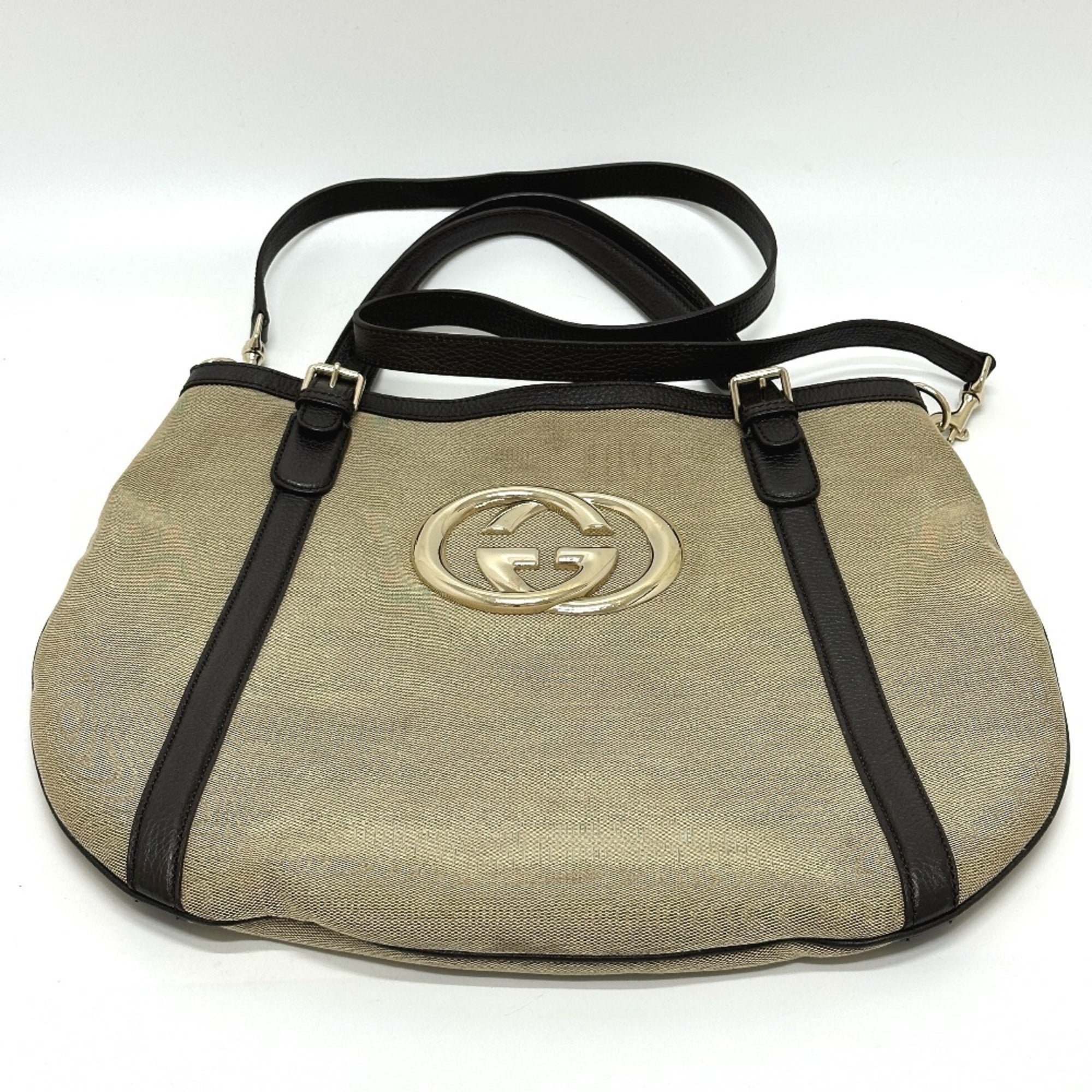Gucci Beige Canvas Leather Shoulder Bag Tote Bag (Pre-Owned)