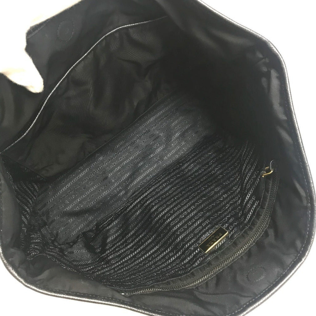 Prada Black Blue Leather Nylon Shoulder Bag Tote Bag (Pre-Owned)