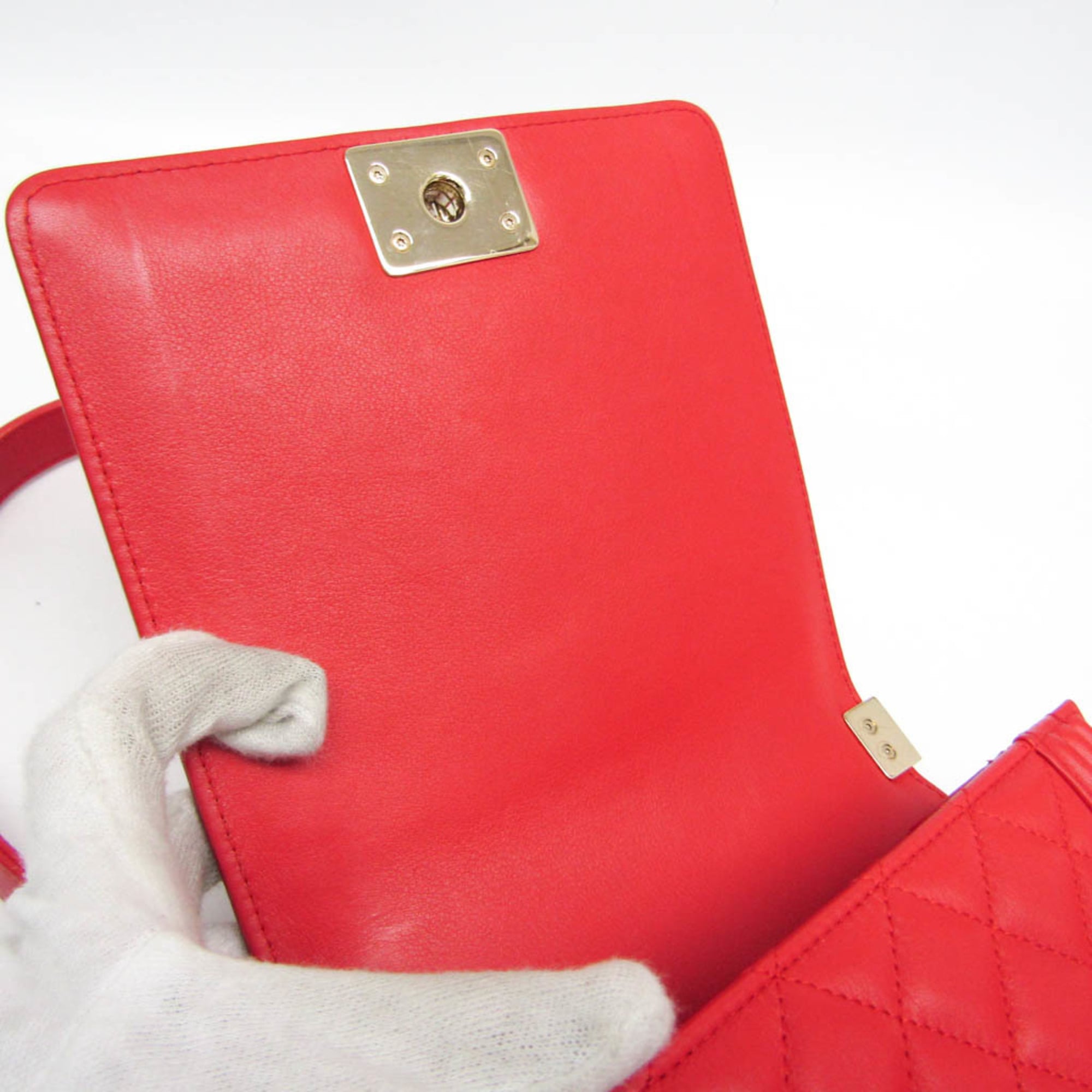 Chanel North South Boy Flap Bag Quilted Calfskin Red Leather Shoulder Bag Bag (Pre-Owned)
