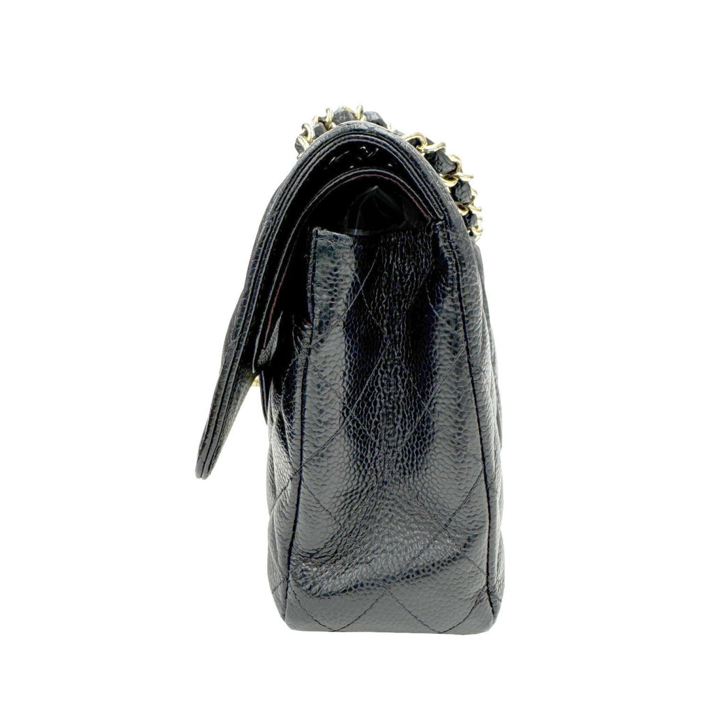 Chanel Gold Black Grained Calfskin Leather Chain/Shoulder Wallet (Pre-Owned)