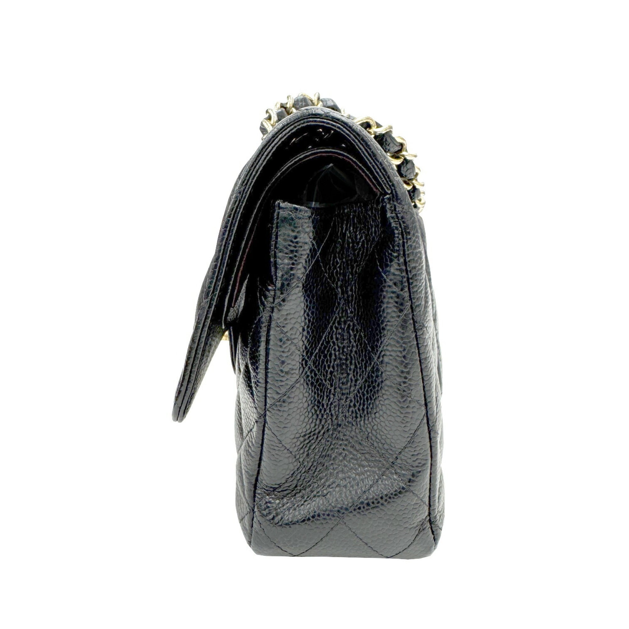Chanel Gold Black Grained Calfskin Leather Chain/Shoulder Wallet (Pre-Owned)