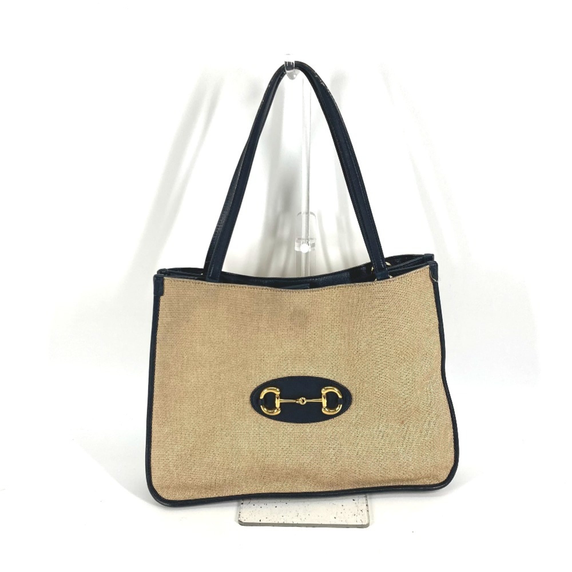 Gucci Beige Navy Canvas Leather Shoulder Bag Tote Bag (Pre-Owned)