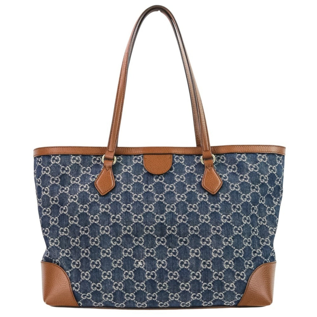 Gucci Brown Dark Blue Denim Leather Tote Bag (Pre-Owned)