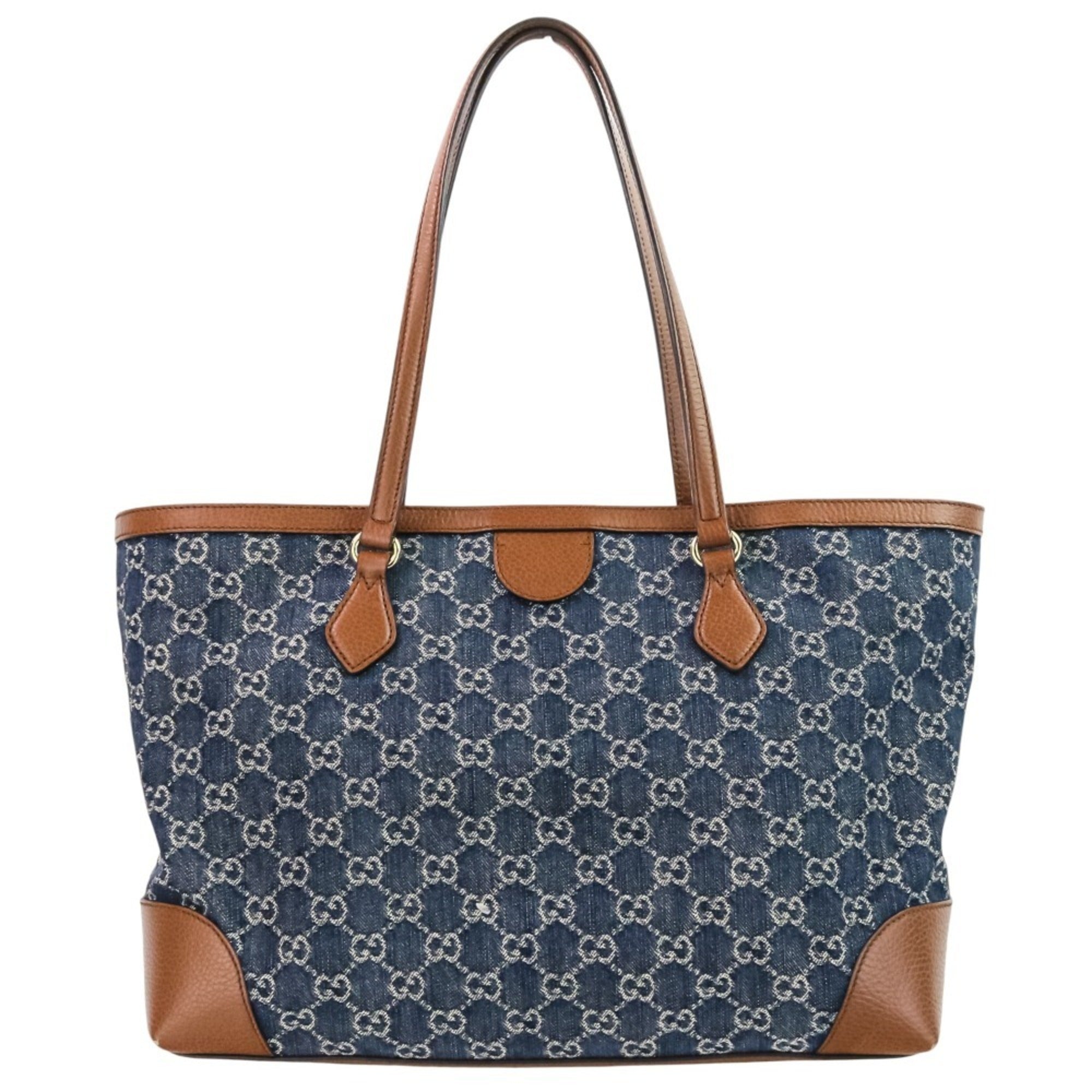 Gucci Brown Dark Blue Denim Leather Tote Bag (Pre-Owned)