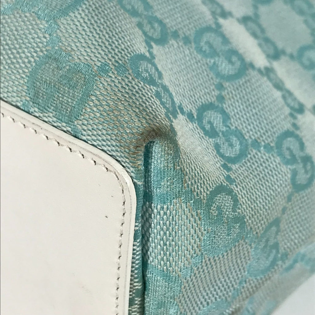 Gucci Blue White Canvas Leather Shoulder Bag Tote Bag (Pre-Owned)
