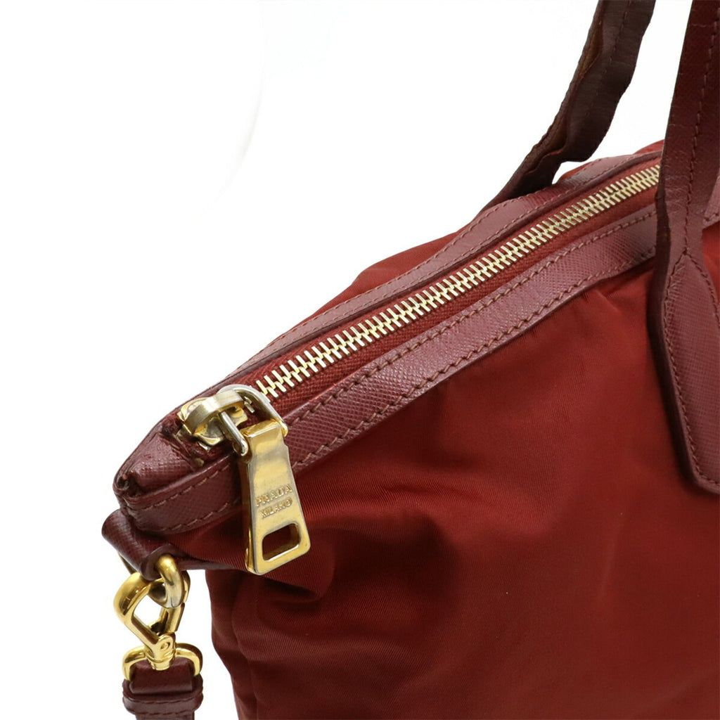 Prada Red Color Wine Nylon Leather Shoulder Bag Tote Bag (Pre-Owned)