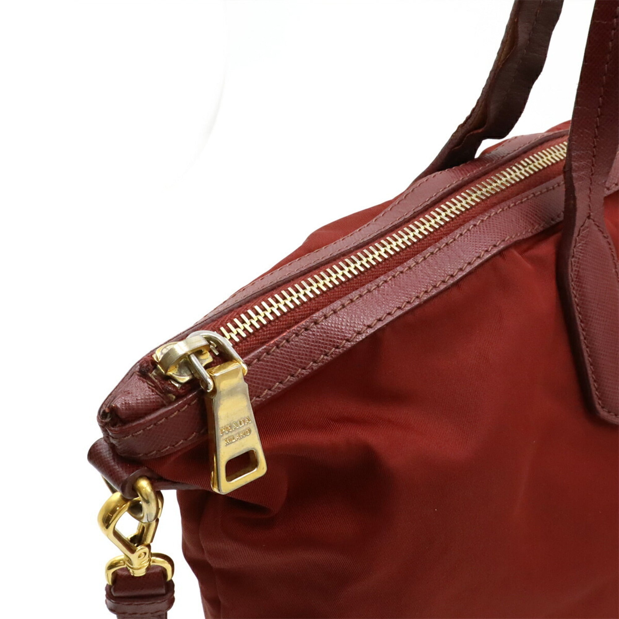 Prada Red Color Wine Nylon Leather Shoulder Bag Tote Bag (Pre-Owned)