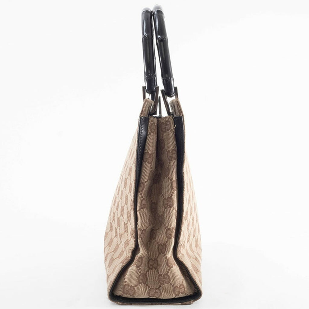 Gucci Beige Black Bamboo Canvas Handbag (Pre-Owned)