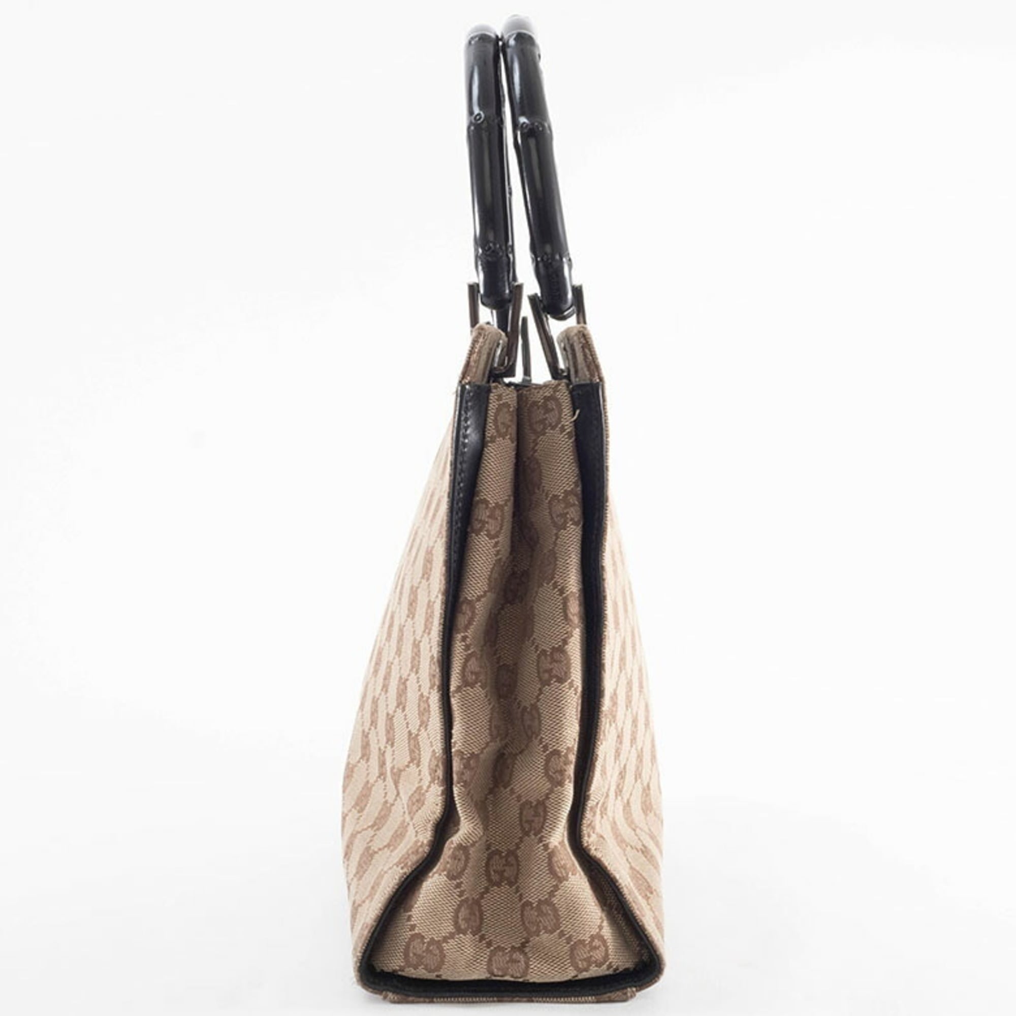 Gucci Beige Black Bamboo Canvas Handbag (Pre-Owned)