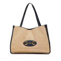 Gucci Beige Navy Canvas Leather Shoulder Bag Tote Bag (Pre-Owned)