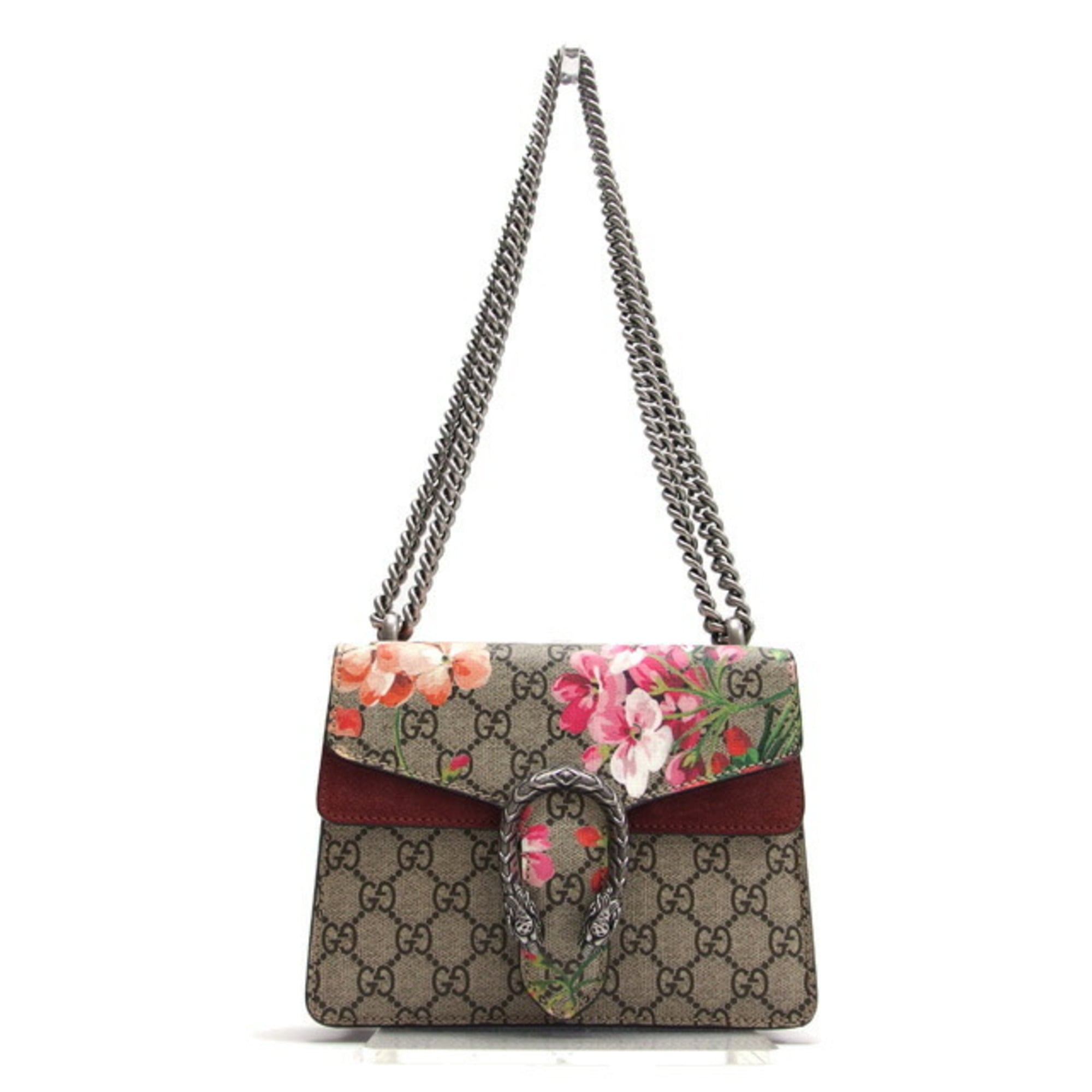 Gucci Beige Bordeaux Pink Coated Canvas Suede Shoulder Bag (Pre-Owned)