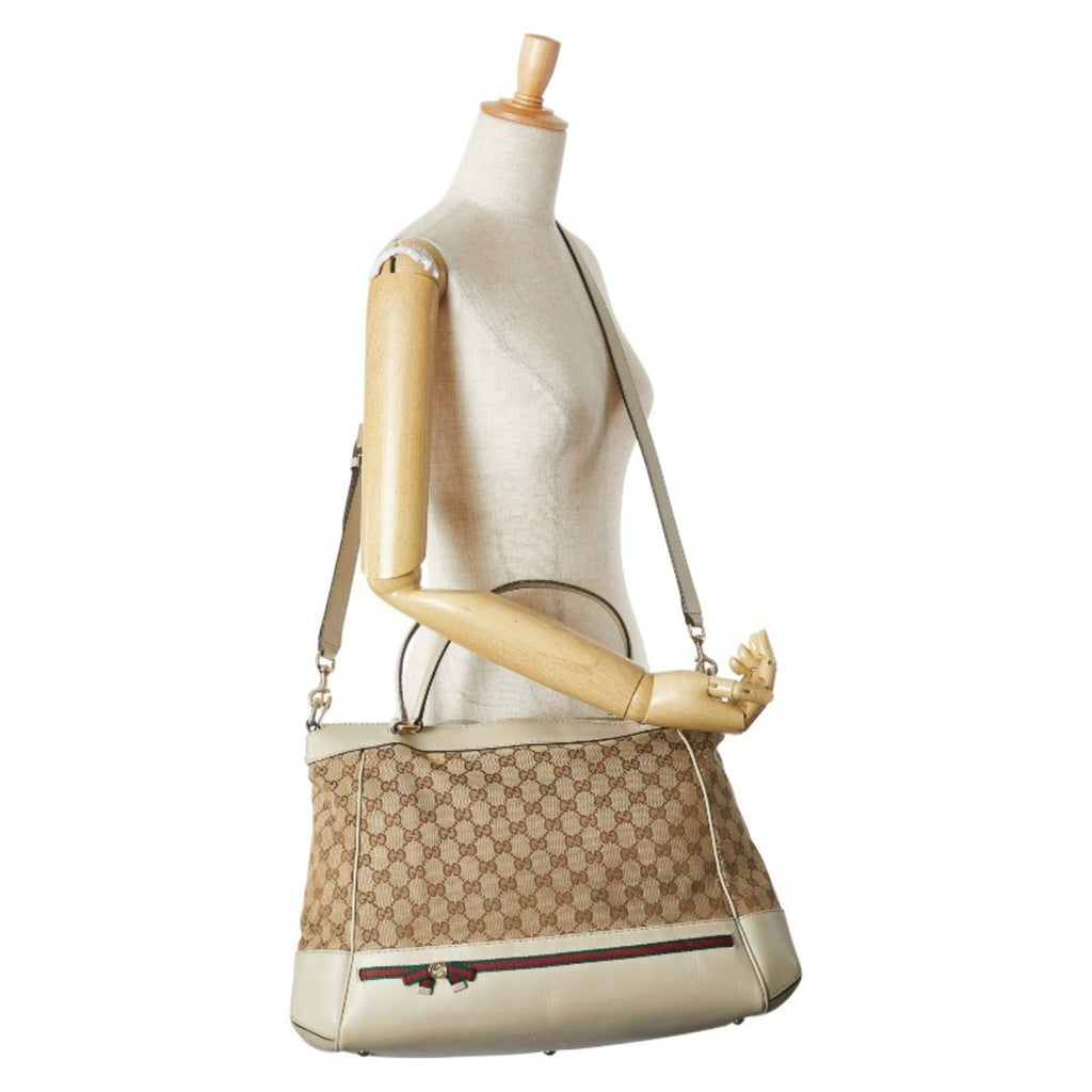 Gucci Gg Canvas Beige Gg Canvas Leather Shoulder Bag Tote Bag (Pre-Owned)