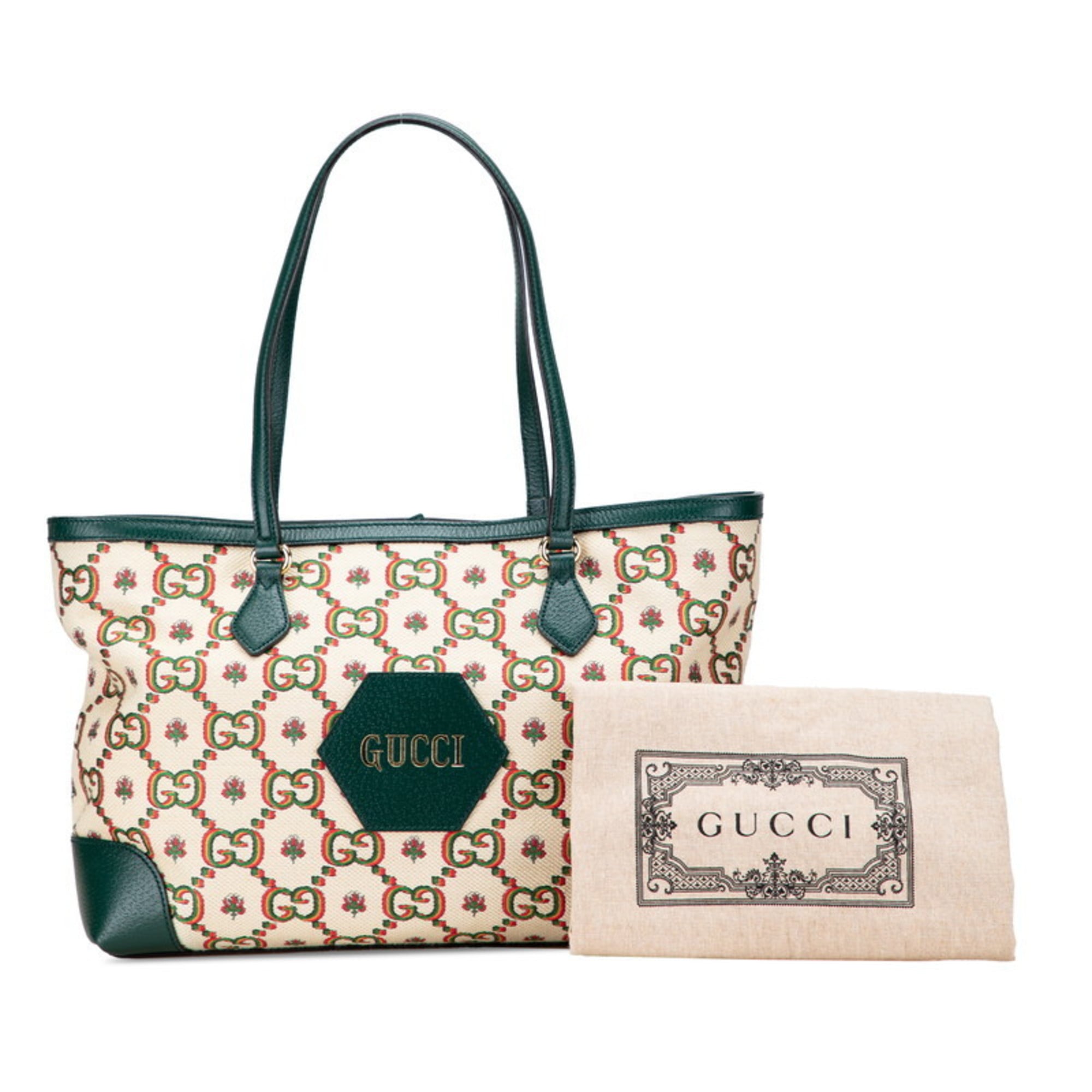 Gucci Ophidia Beige Green Multi-Color Canvas Leather Tote Bag (Pre-Owned)
