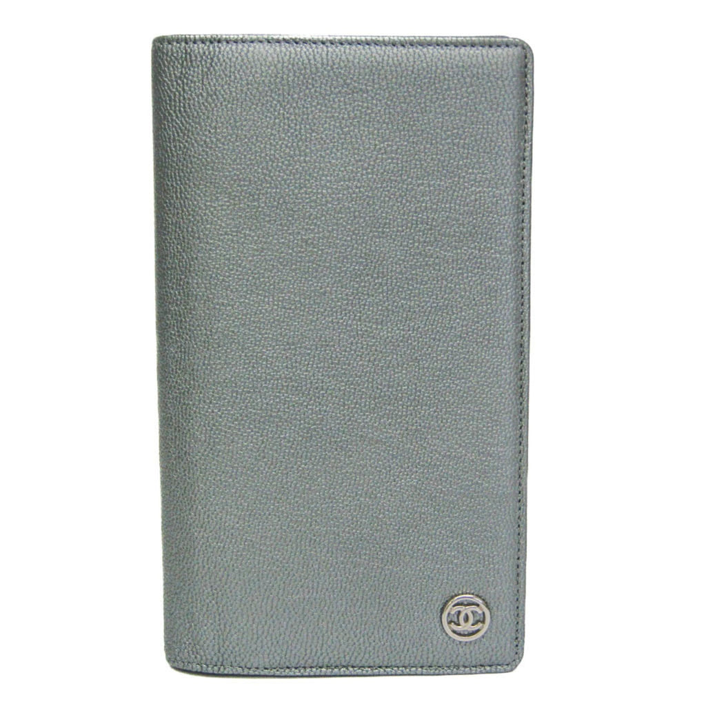 Chanel Coco Button Silver Leather Long Wallet (Bi-Fold) (Pre-Owned)