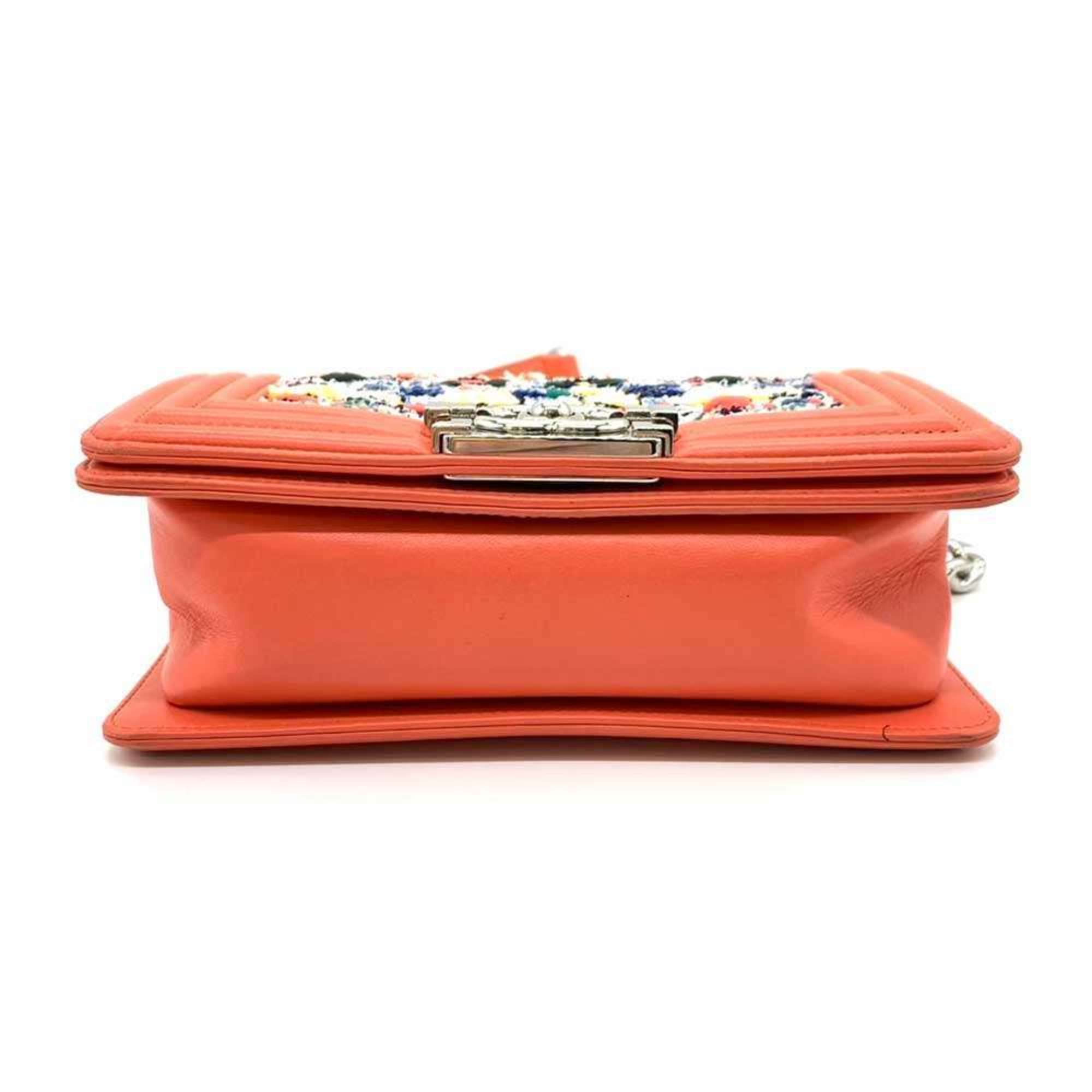 Chanel Boy Chanel Coral Orange Multi-Color Tweed Leather Shoulder Bag (Pre-Owned)