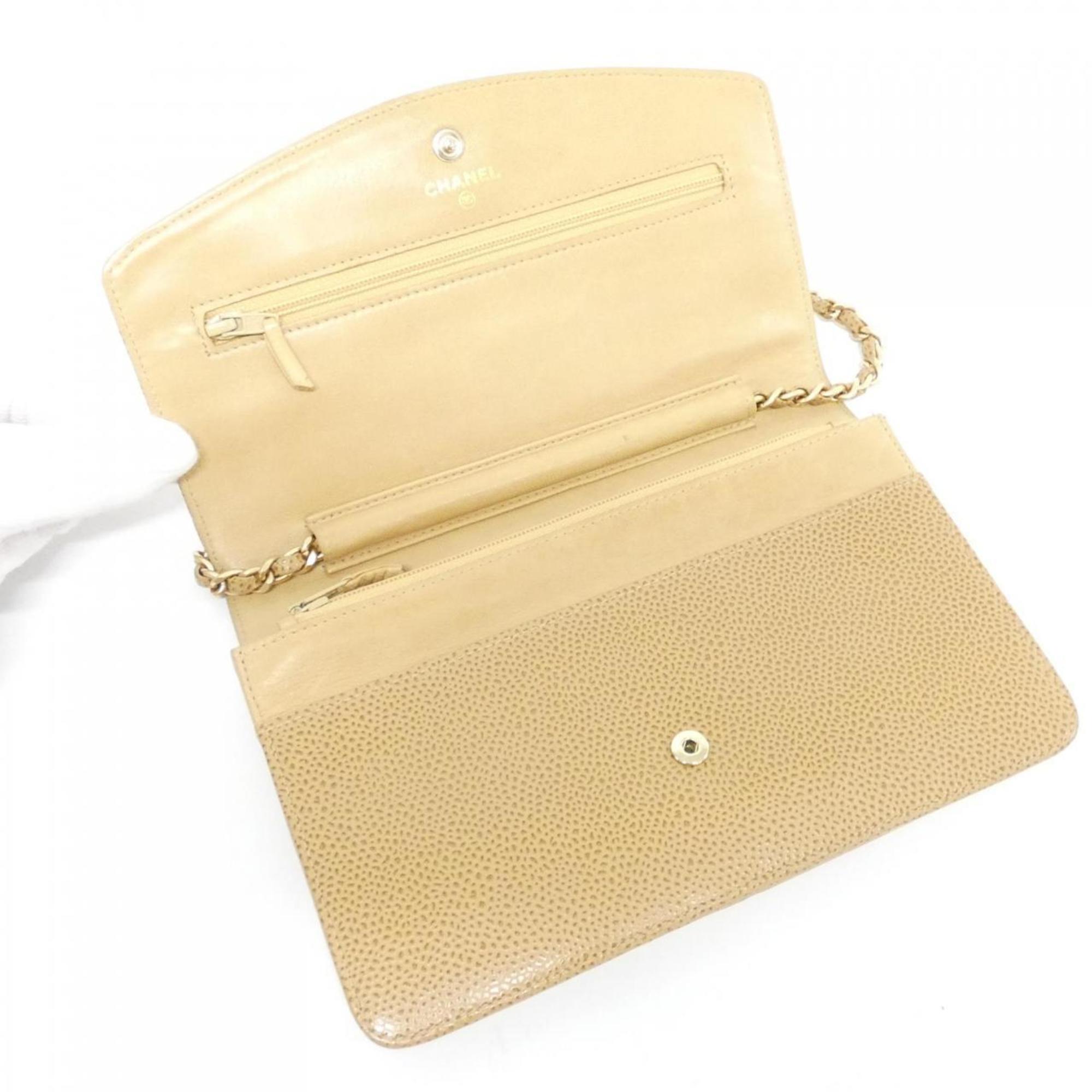 Chanel Beige Grained Calfskin Chain/Shoulder Wallet (Pre-Owned)