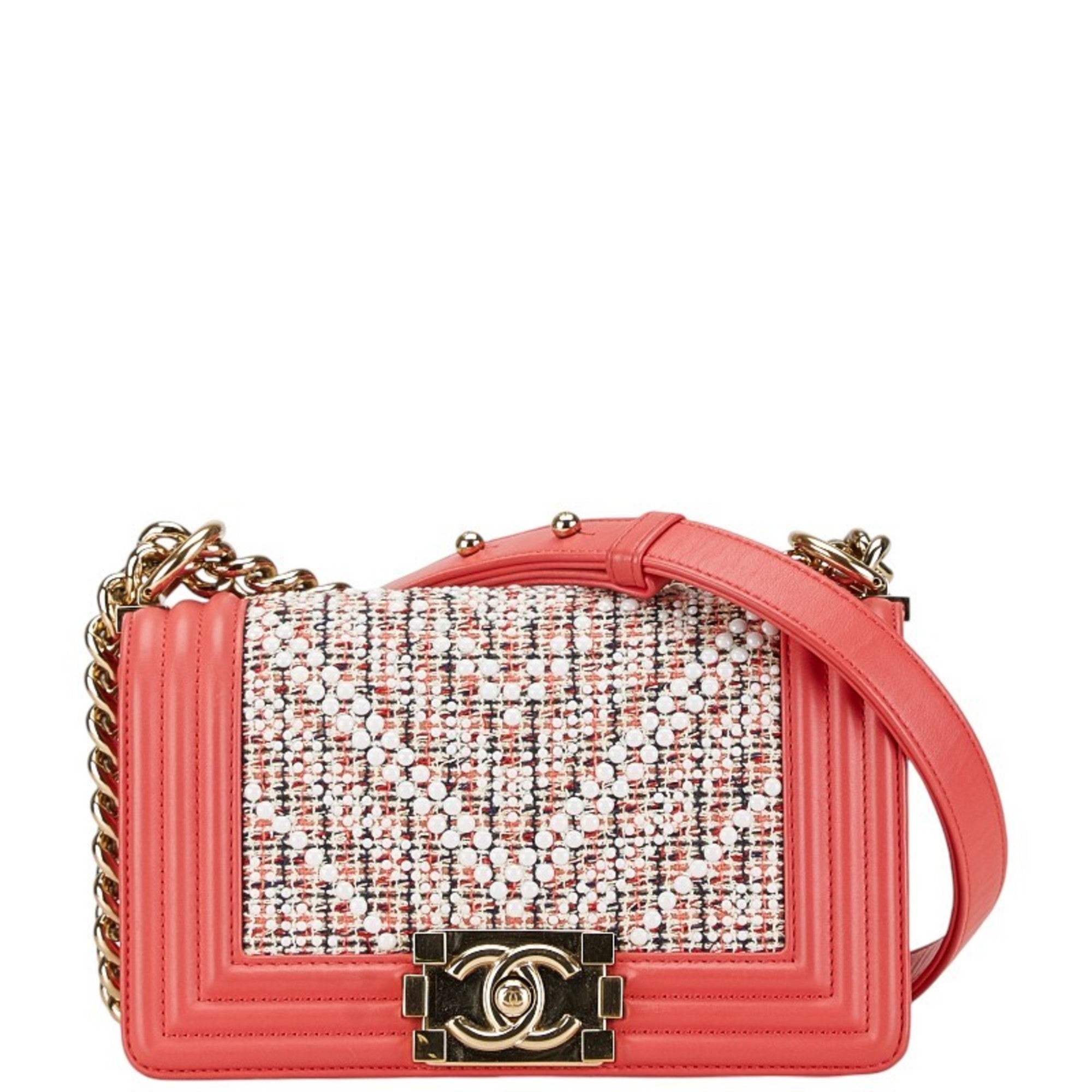 Chanel Boy Chanel Multi-Color Pink White Tweed Leather Shoulder Bag (Pre-Owned)