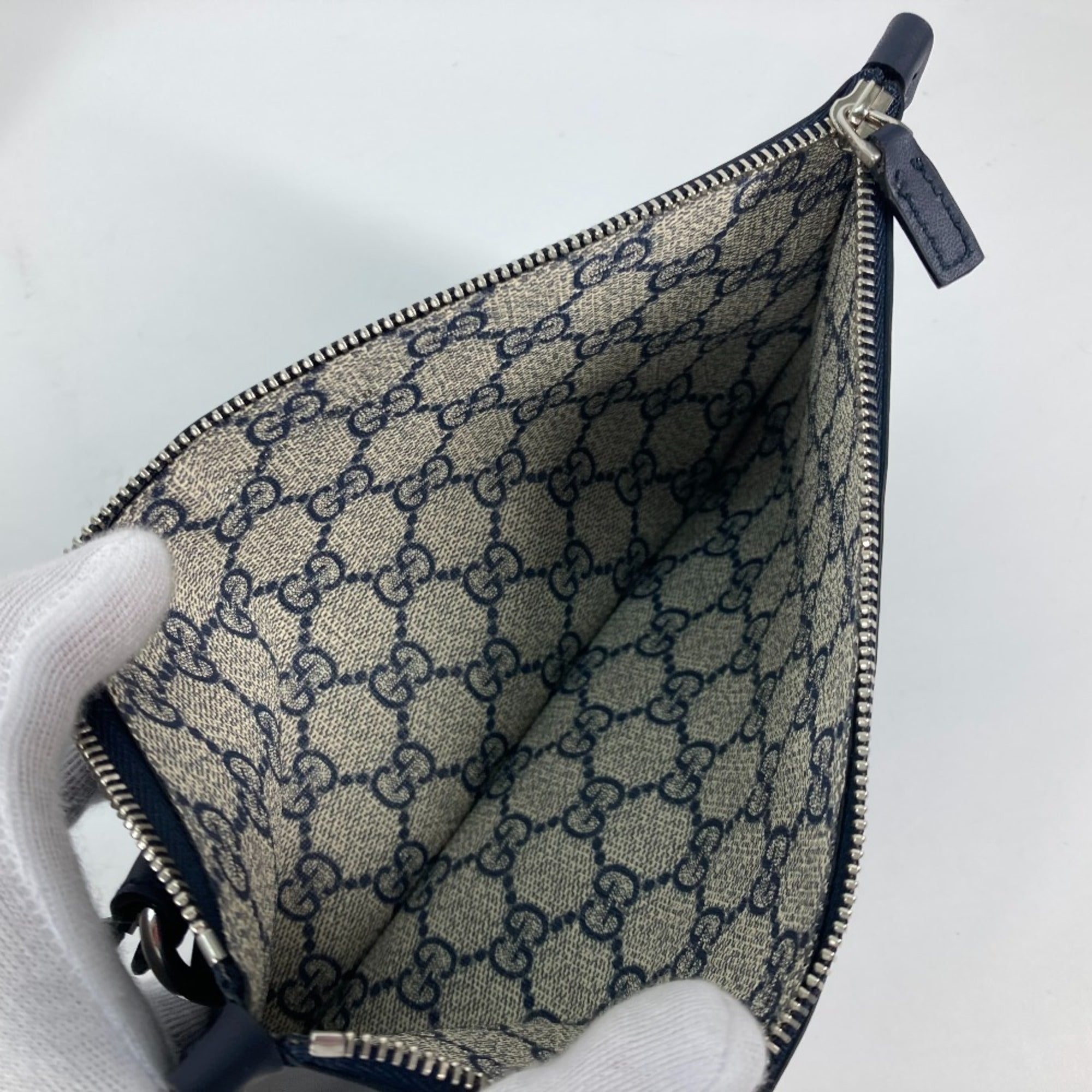 Gucci Beige Black Dark Navy Canvas Leather Shoulder Bag Tote Bag (Pre-Owned)