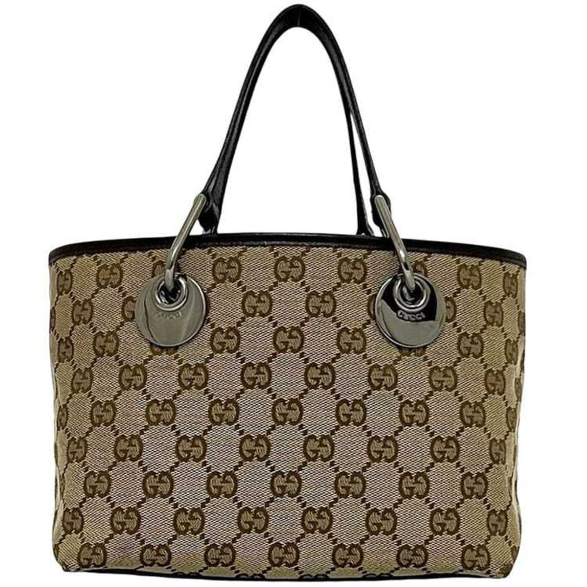 Gucci Beige Brown Canvas Leather Handbag Tote Bag (Pre-Owned)