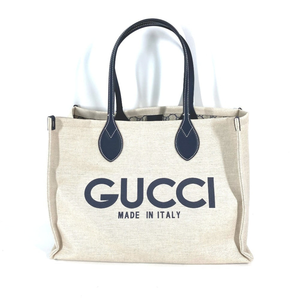 Gucci Beige Black Dark Navy Canvas Leather Shoulder Bag Tote Bag (Pre-Owned)