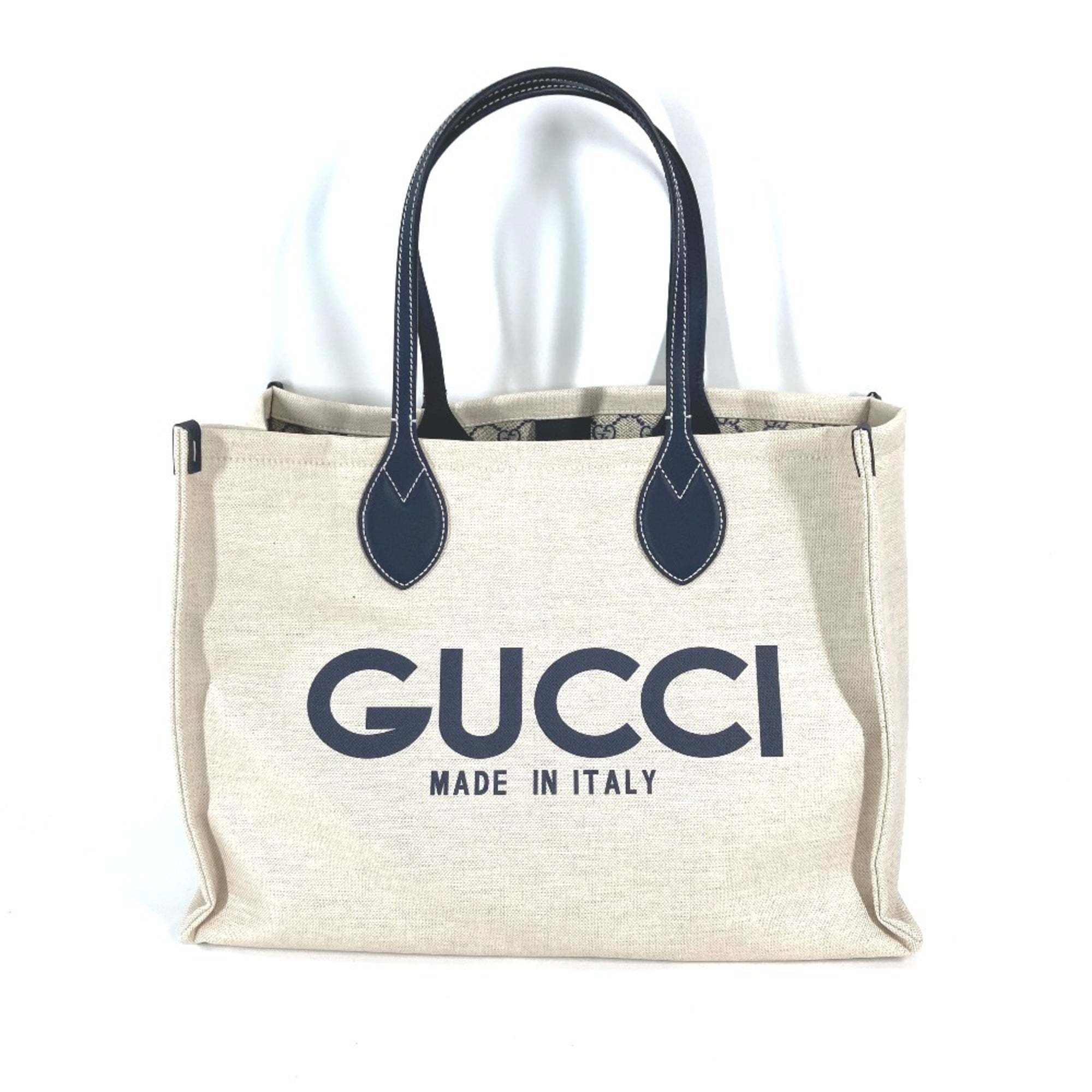 Gucci Beige Black Dark Navy Canvas Leather Shoulder Bag Tote Bag (Pre-Owned)