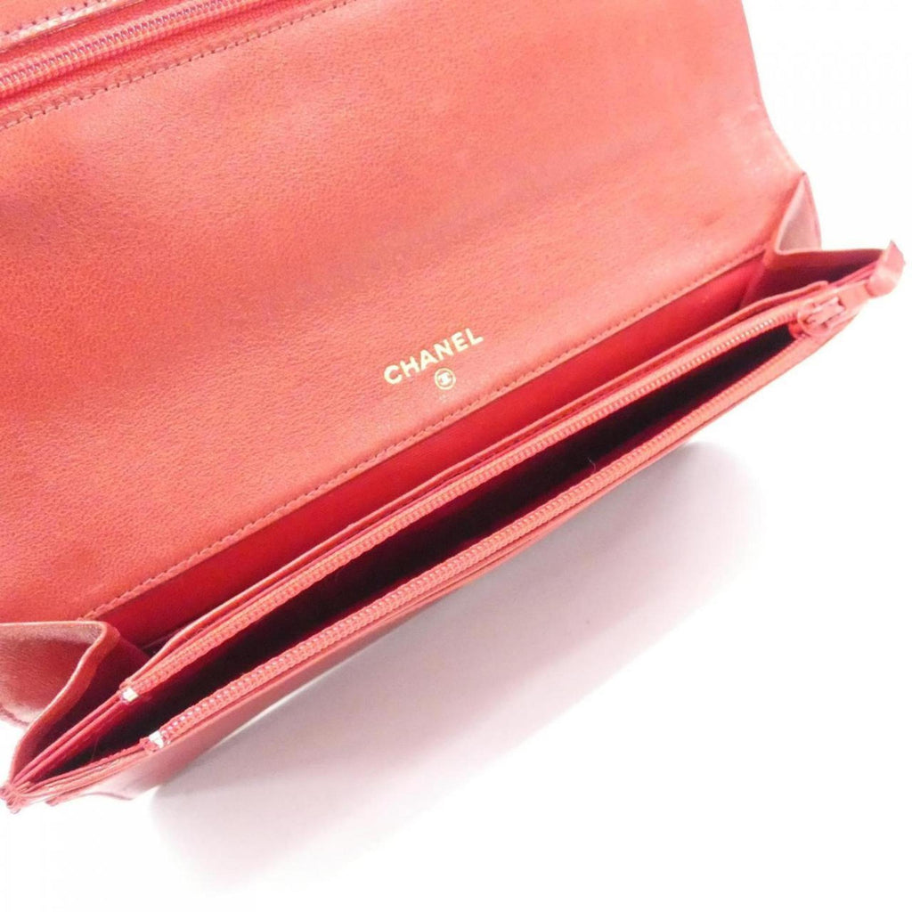 Chanel Red Color Leather Long Wallet (Bi-Fold) (Pre-Owned)