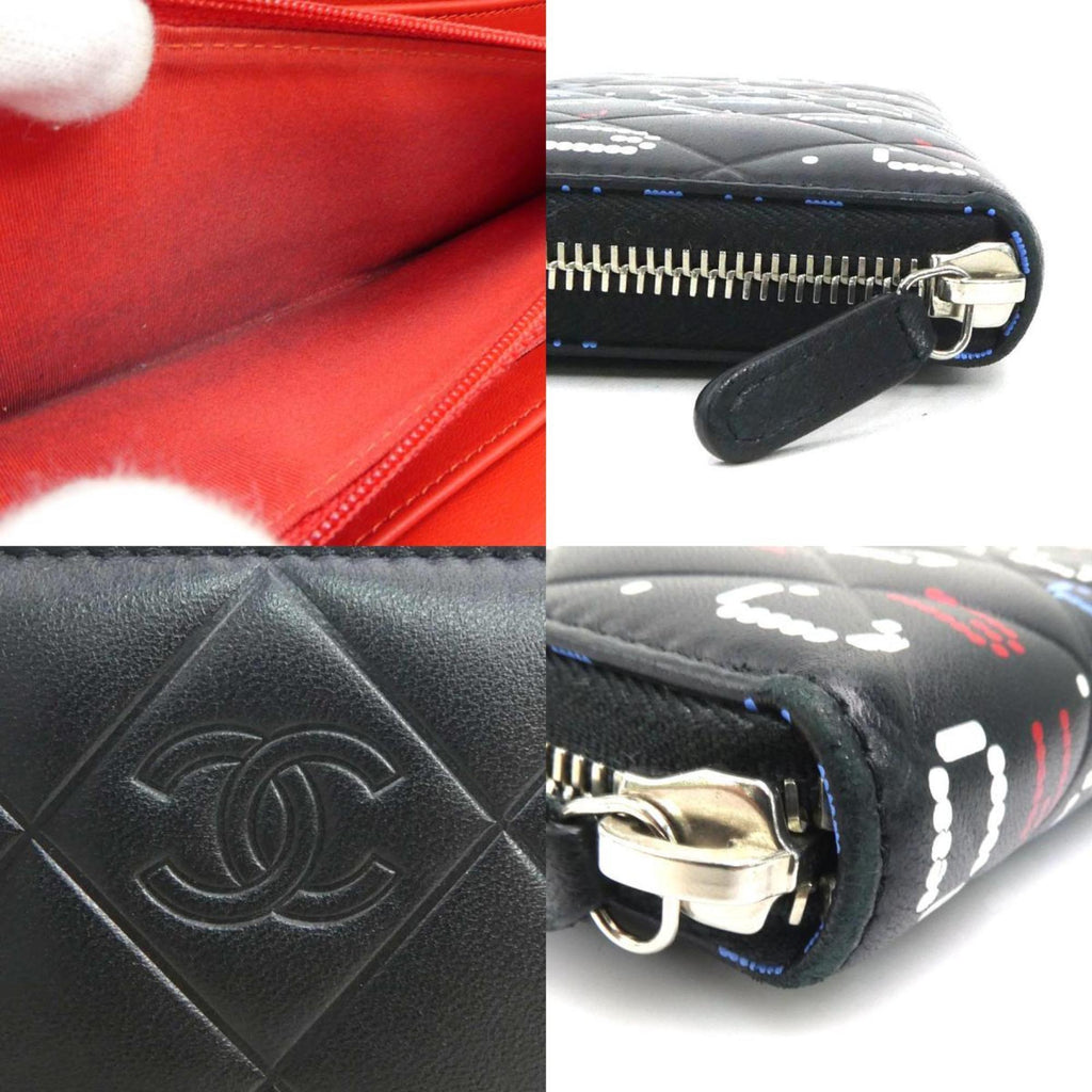 Chanel Black Blue Red Color White Leather Long Wallet (Bi-Fold) (Pre-Owned)