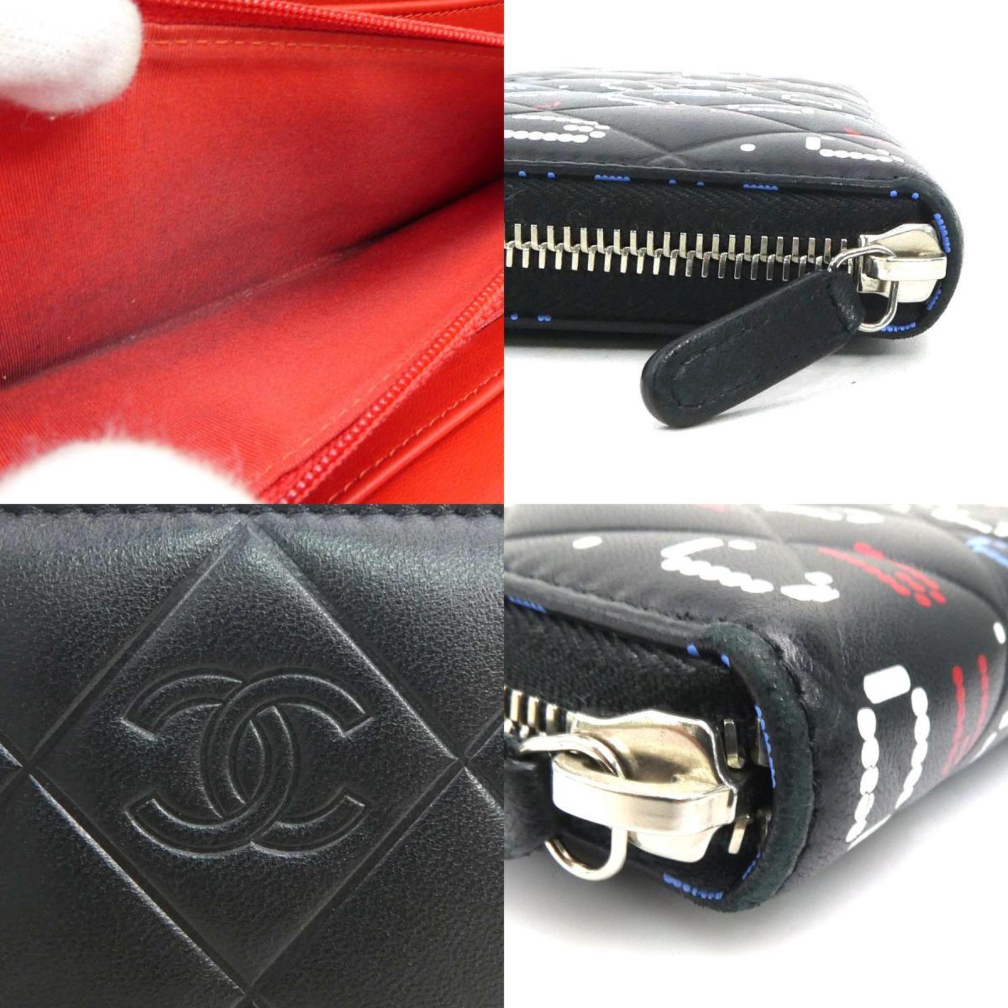 Chanel Black Blue Red Color White Leather Long Wallet (Bi-Fold) (Pre-Owned)