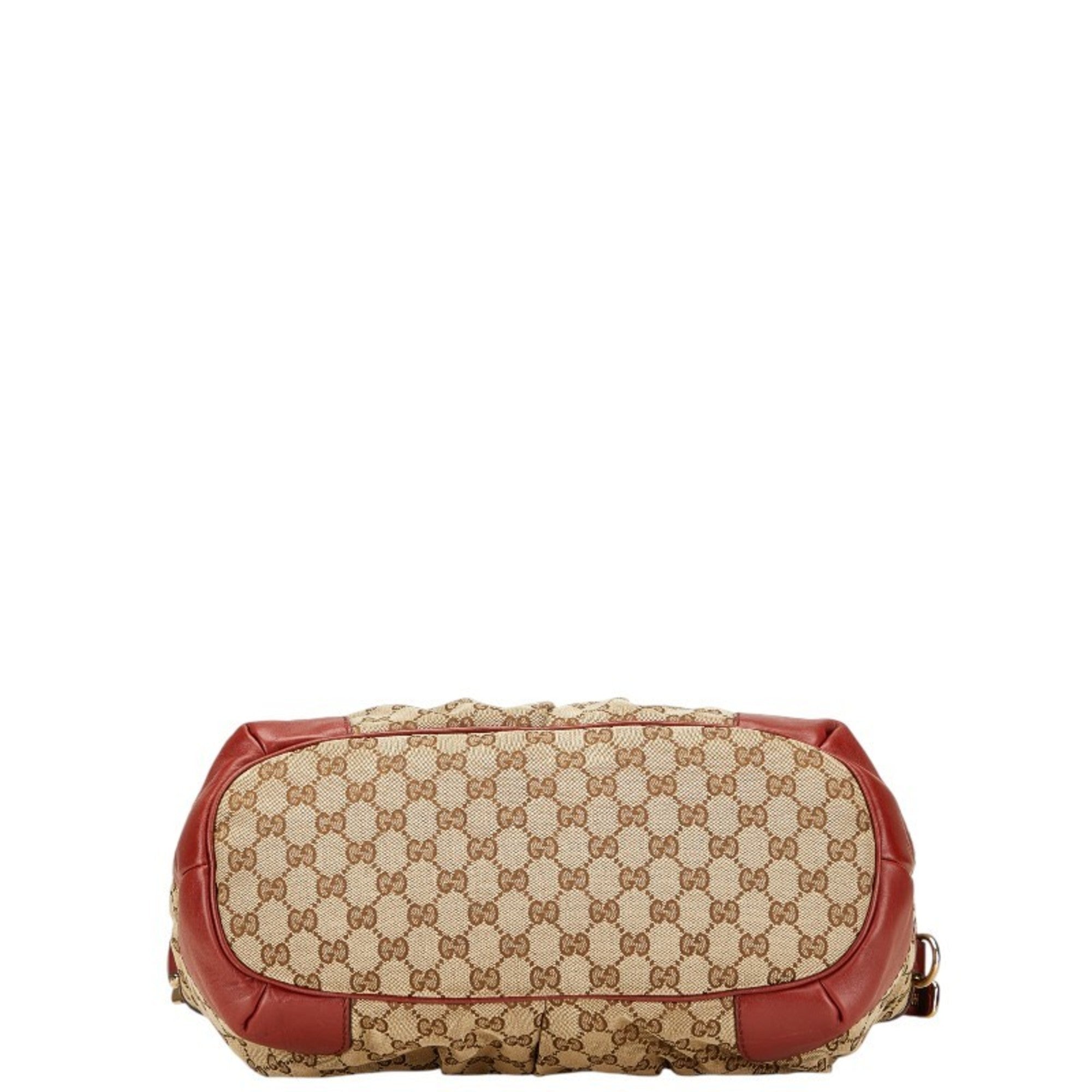 Gucci Beige Red Color Canvas Leather Shoulder Bag Tote Bag (Pre-Owned)
